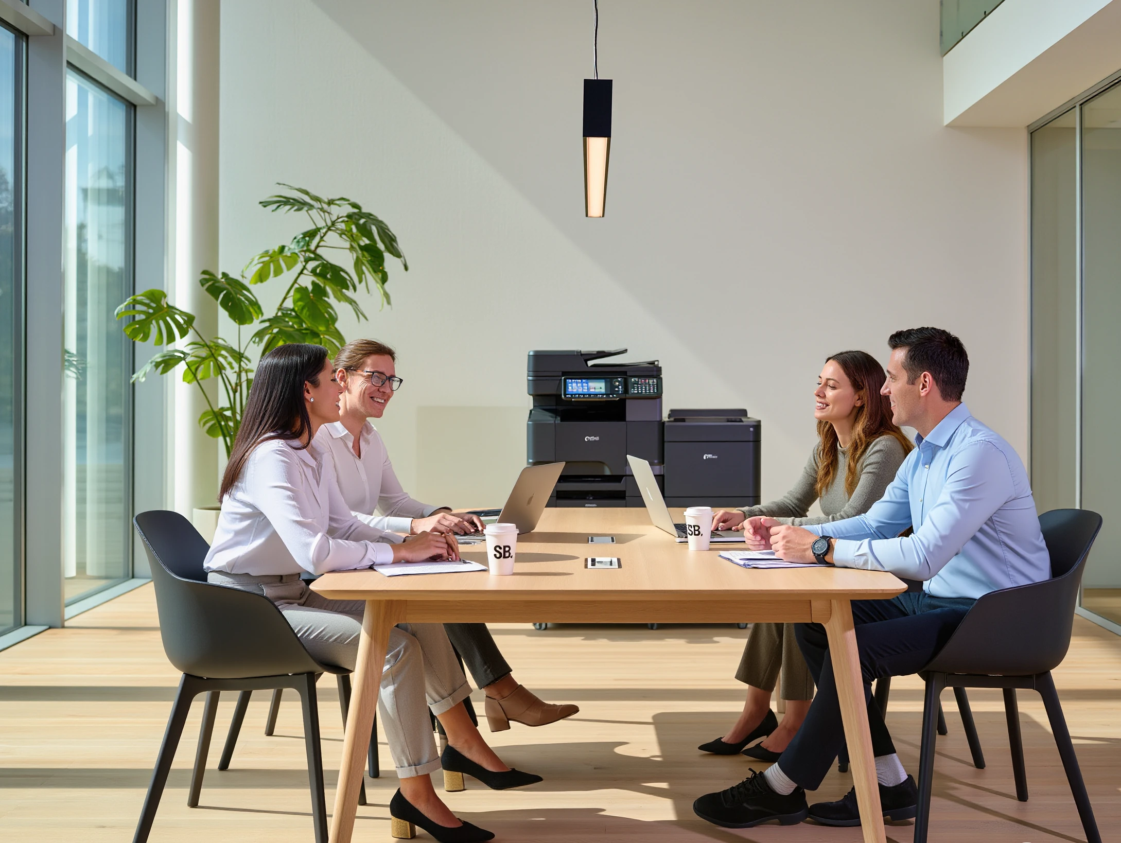 Quatre collègues assis autour d'une table dans une salle de réunion lumineuse, discutant et utilisant des ordinateurs portables.