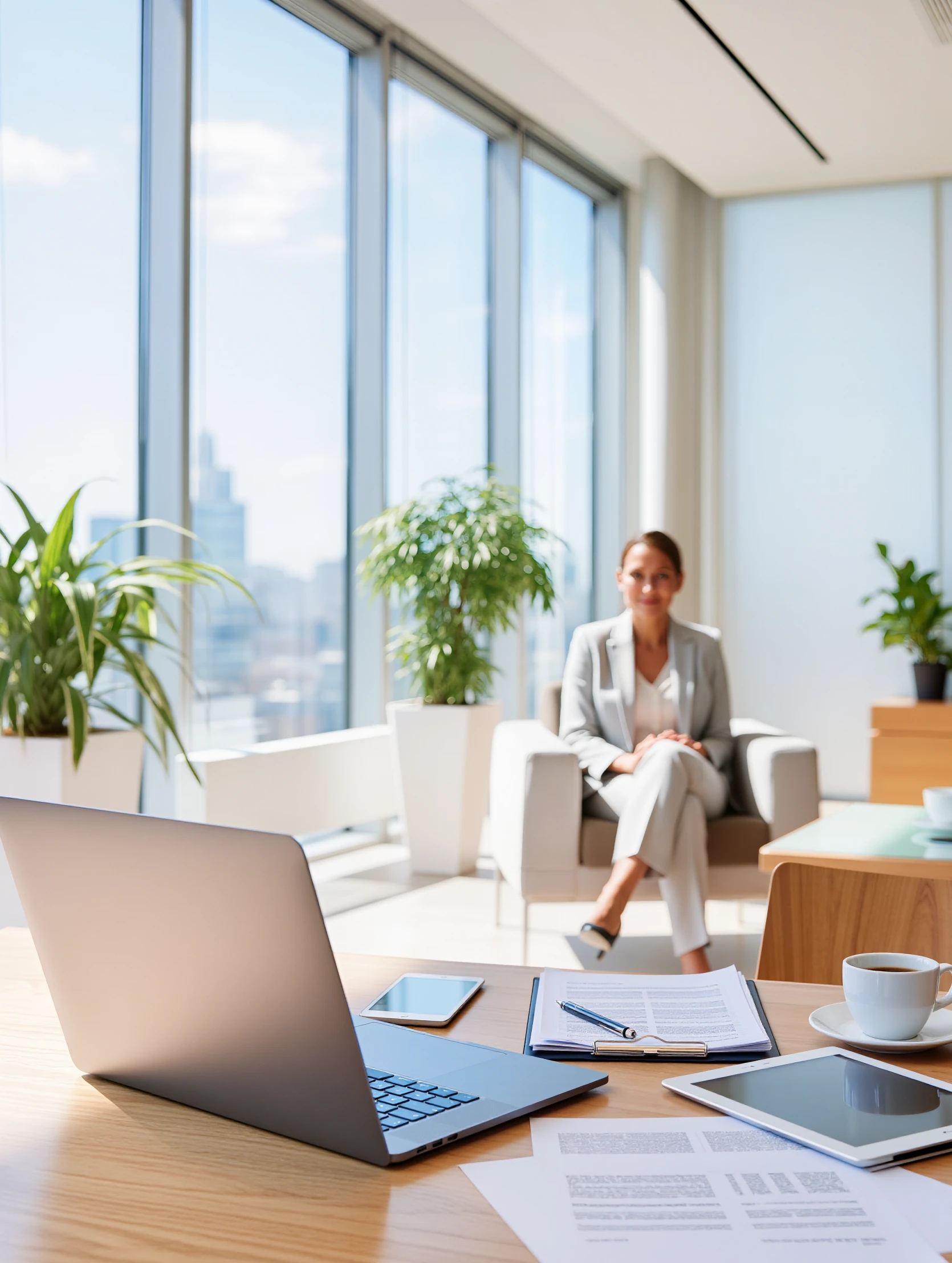 Femme d’affaires assise dans un bureau lumineux, illustrant la sérénité et la modernisation de l’environnement bureautique avec SB Pro.