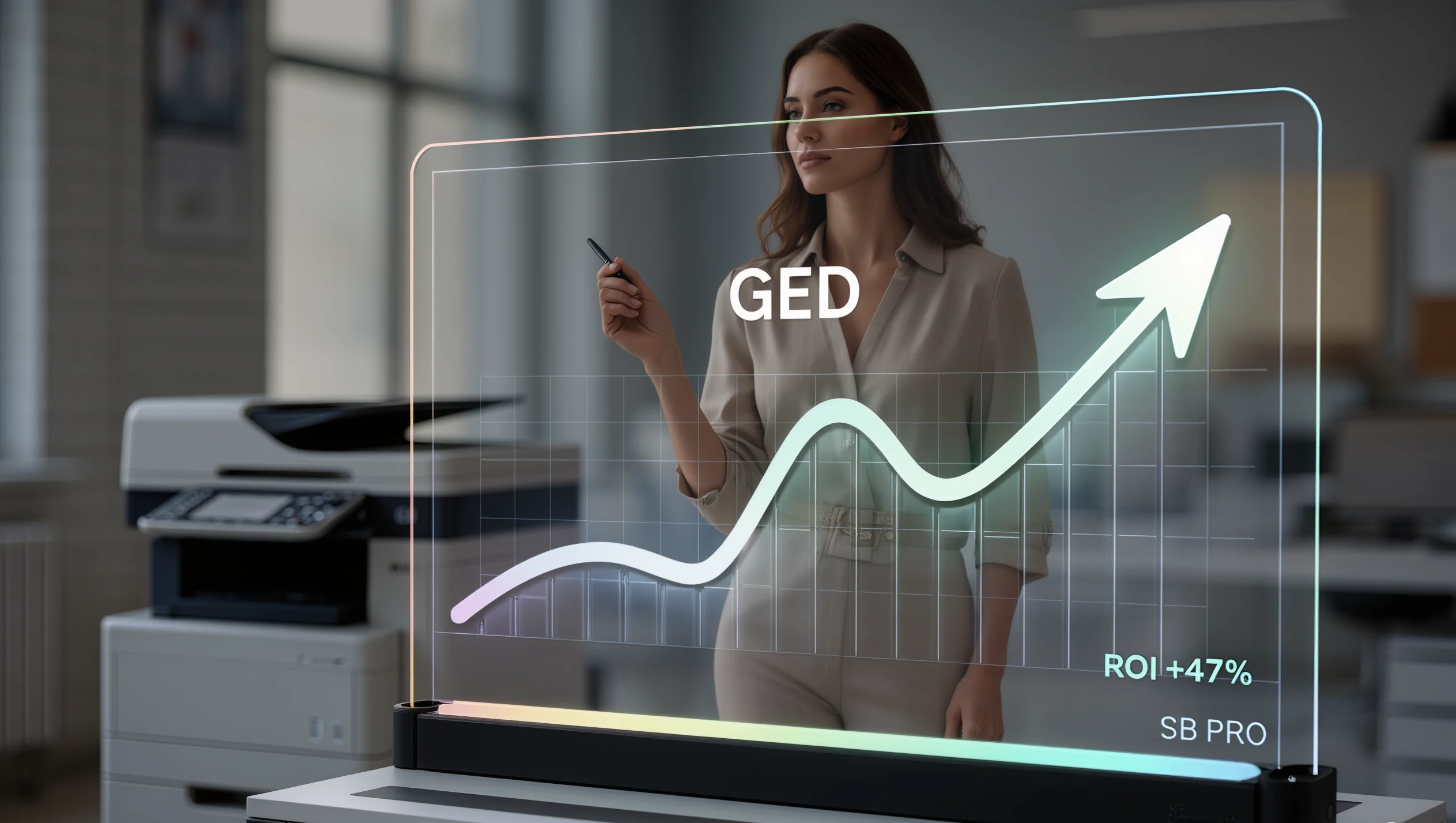 Professionnelle en environnement de bureau présentant une courbe de performance liée à la GED devant du matériel bureautique moderne.