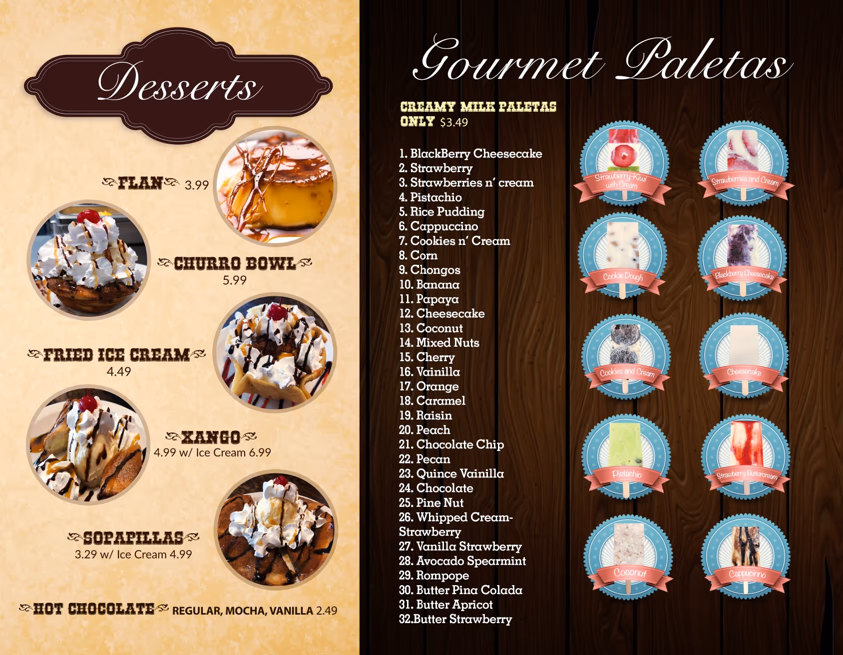 Tres Potrillos dessert menu.