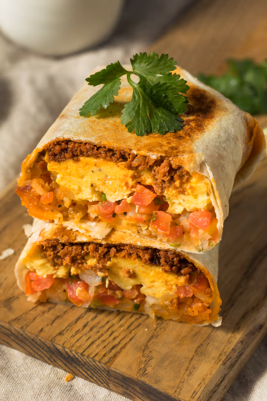 A burrito cut in half and on top of the other half 