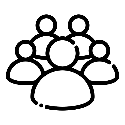 Black silhouette of five people in a group, two adults and three children standing side by side.