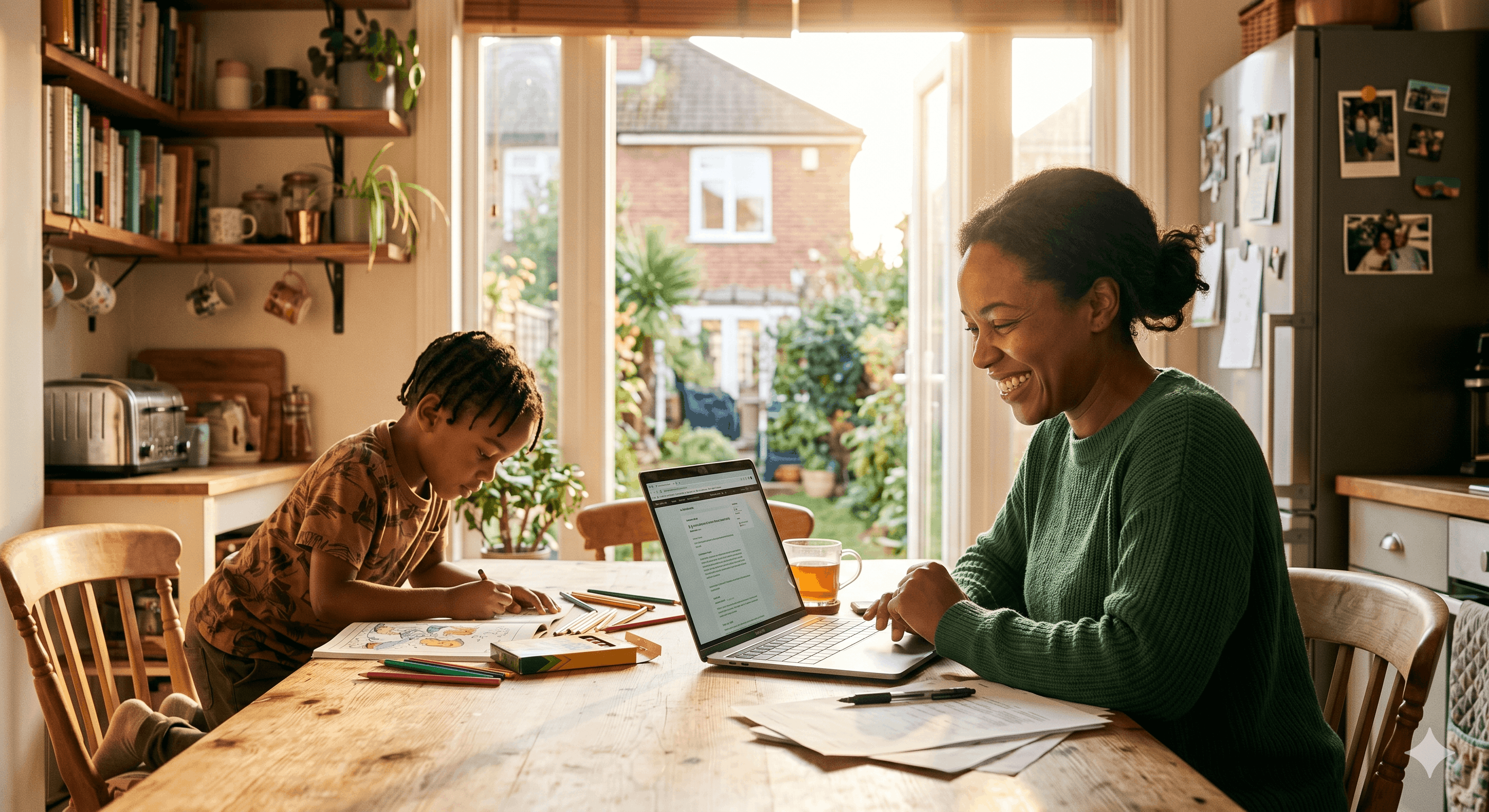 Woman smiling working on laptop and child coloring at kitchen table with garden view outside.