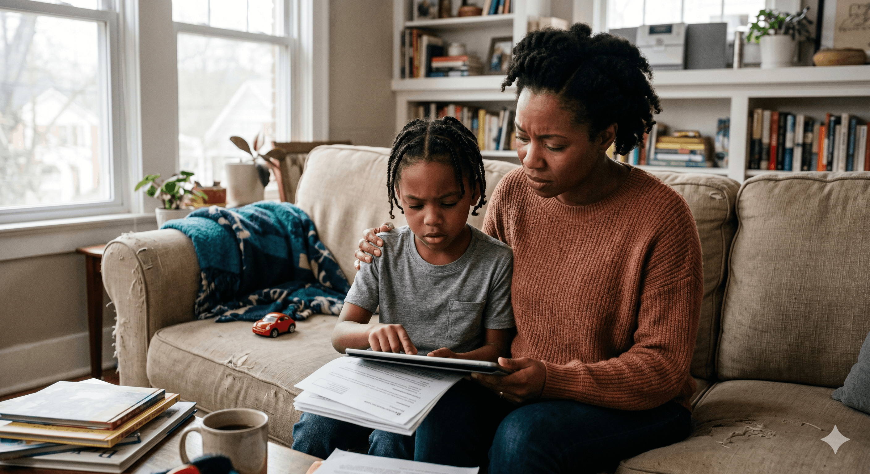 Woman and child sitting on a couch looking seriously at papers and a tablet during home study.