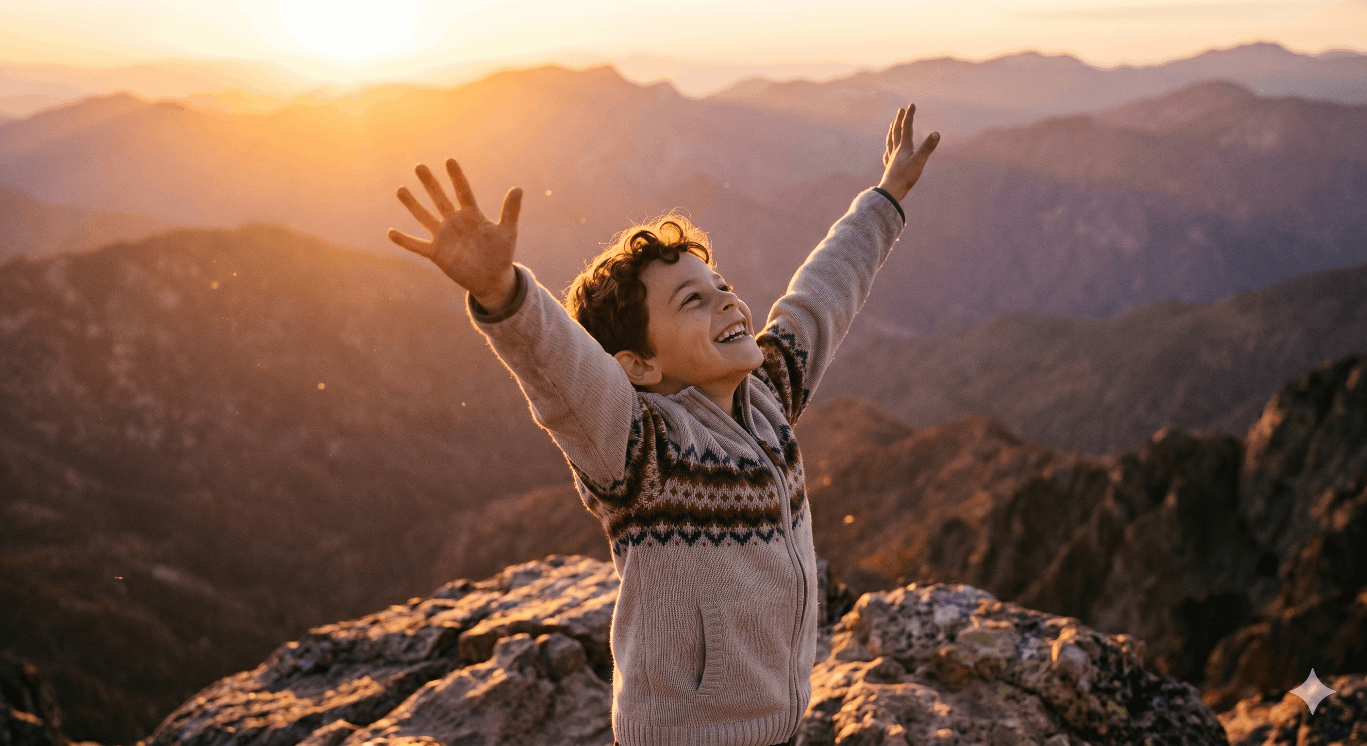 Smiling child with arms raised on rocky mountain at sunset with distant peaks in background.