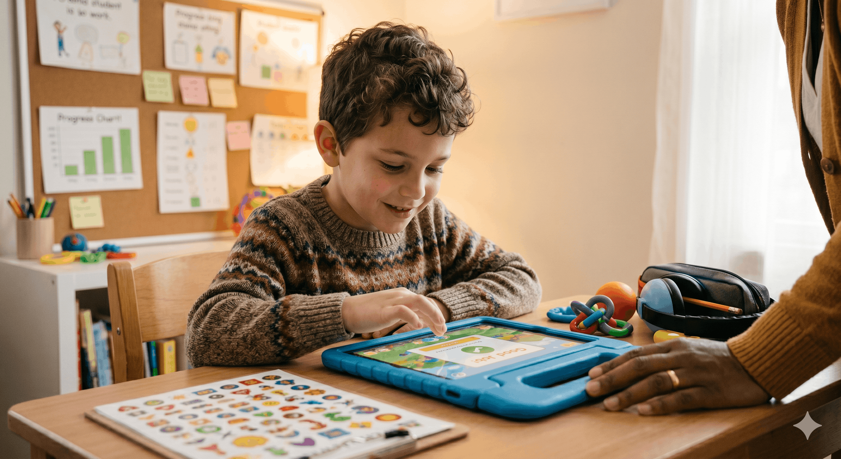 Smiling boy using a tablet with a blue case at a desk with learning materials and an adult's hand nearby.