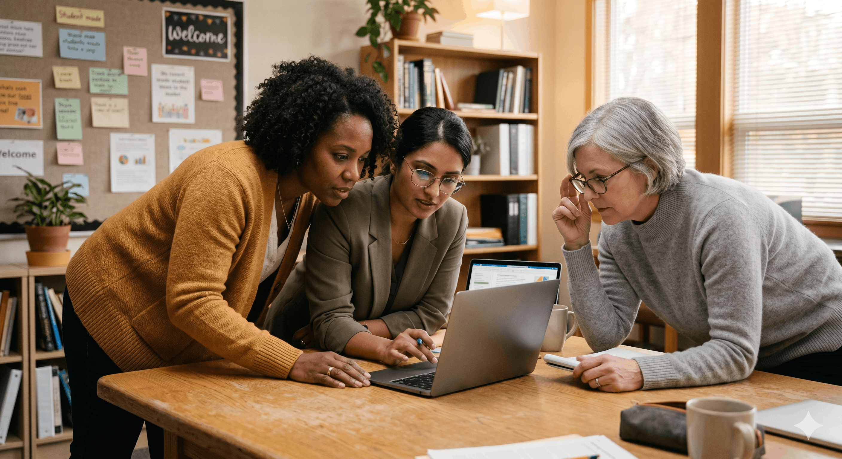 Three women collaborating while looking at a laptop on a wooden table in a cozy office setting.
