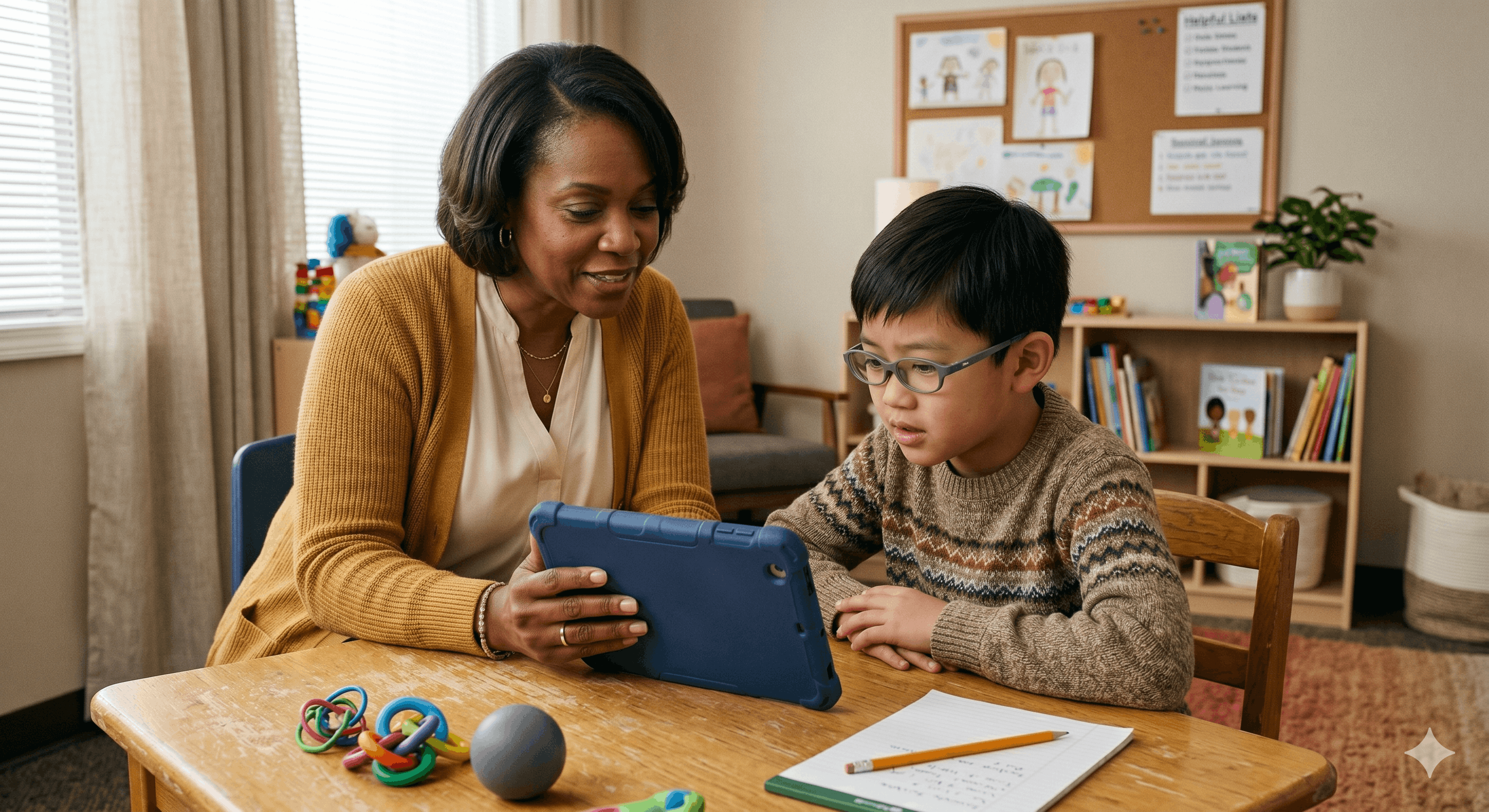 Teacher and child using a tablet together at a wooden table in a classroom setting.