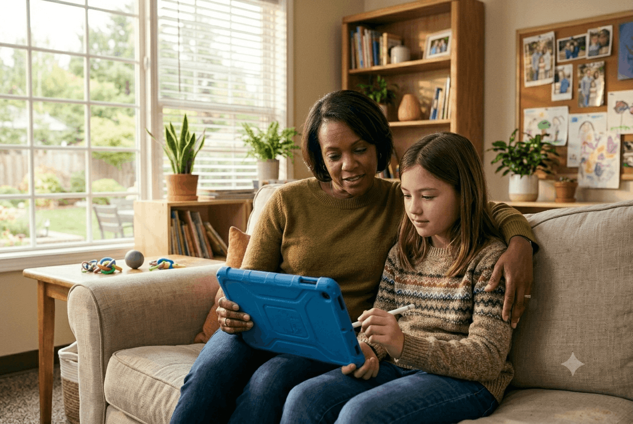 Woman and girl sitting on couch using a tablet together in a cozy living room.