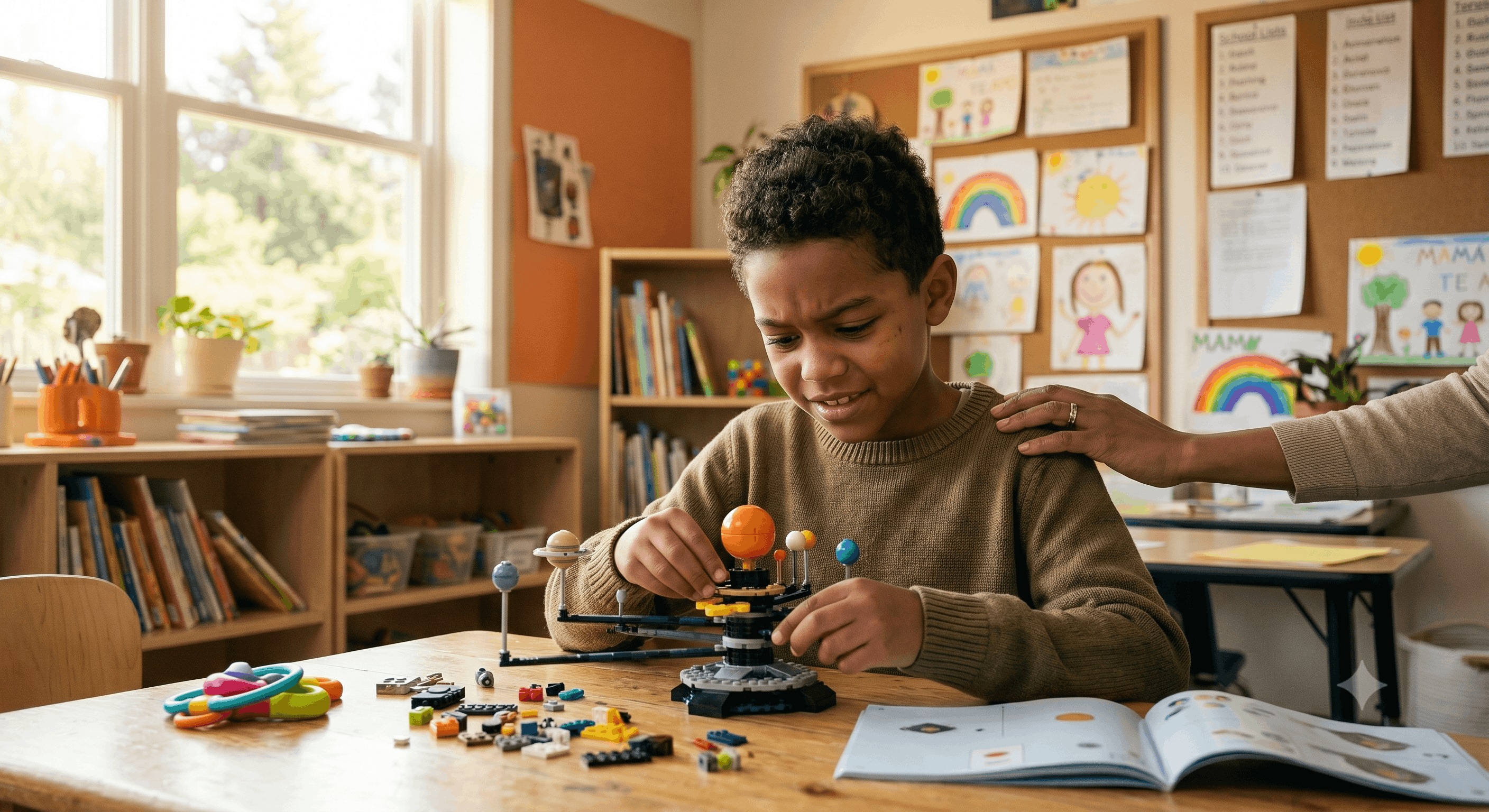 Boy focused on building a solar system model with planets on a wooden table in a classroom.