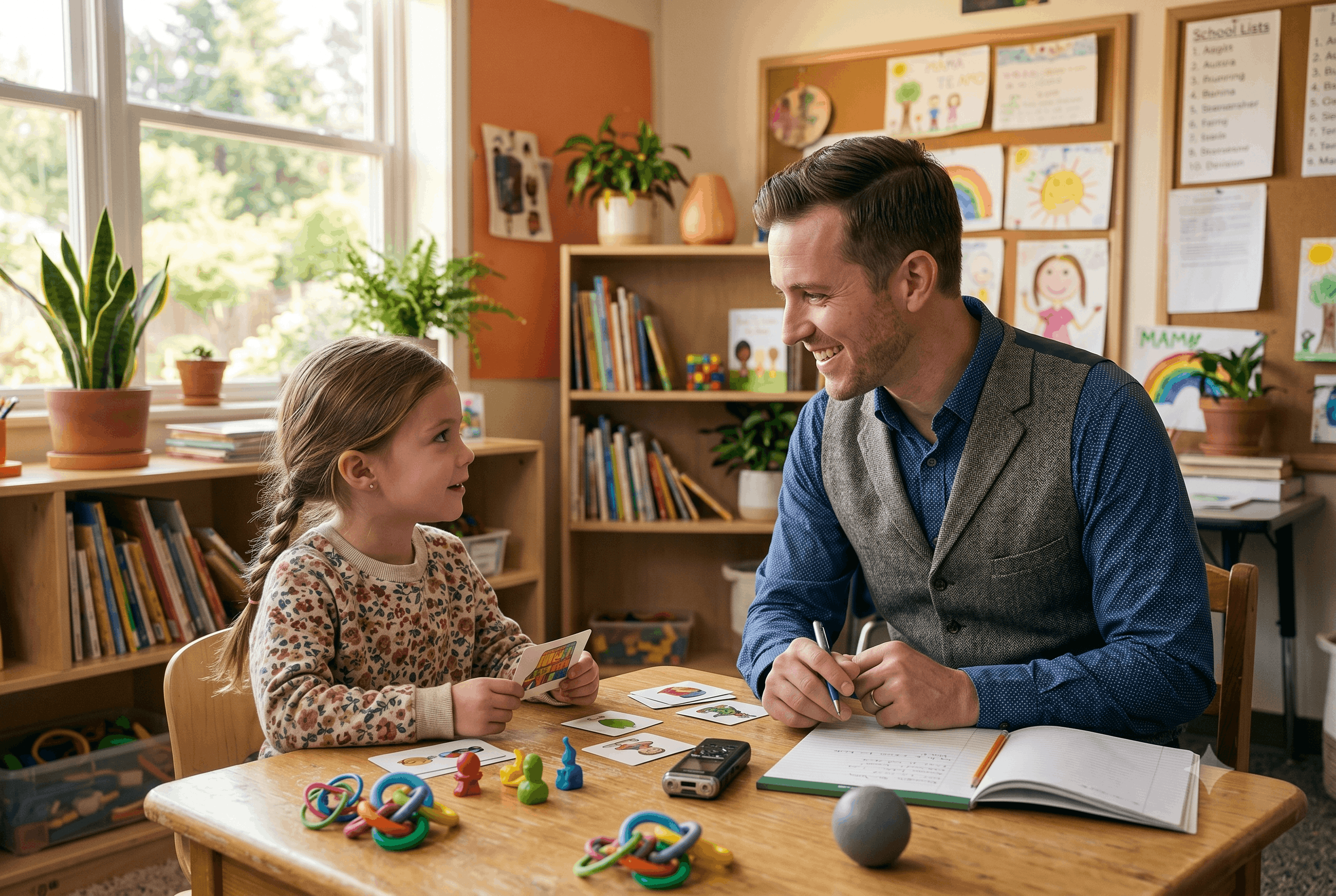 Young girl and male teacher smiling while doing a card activity at a table in a classroom.