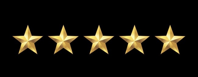 Five shiny gold stars evenly spaced on a black background.
