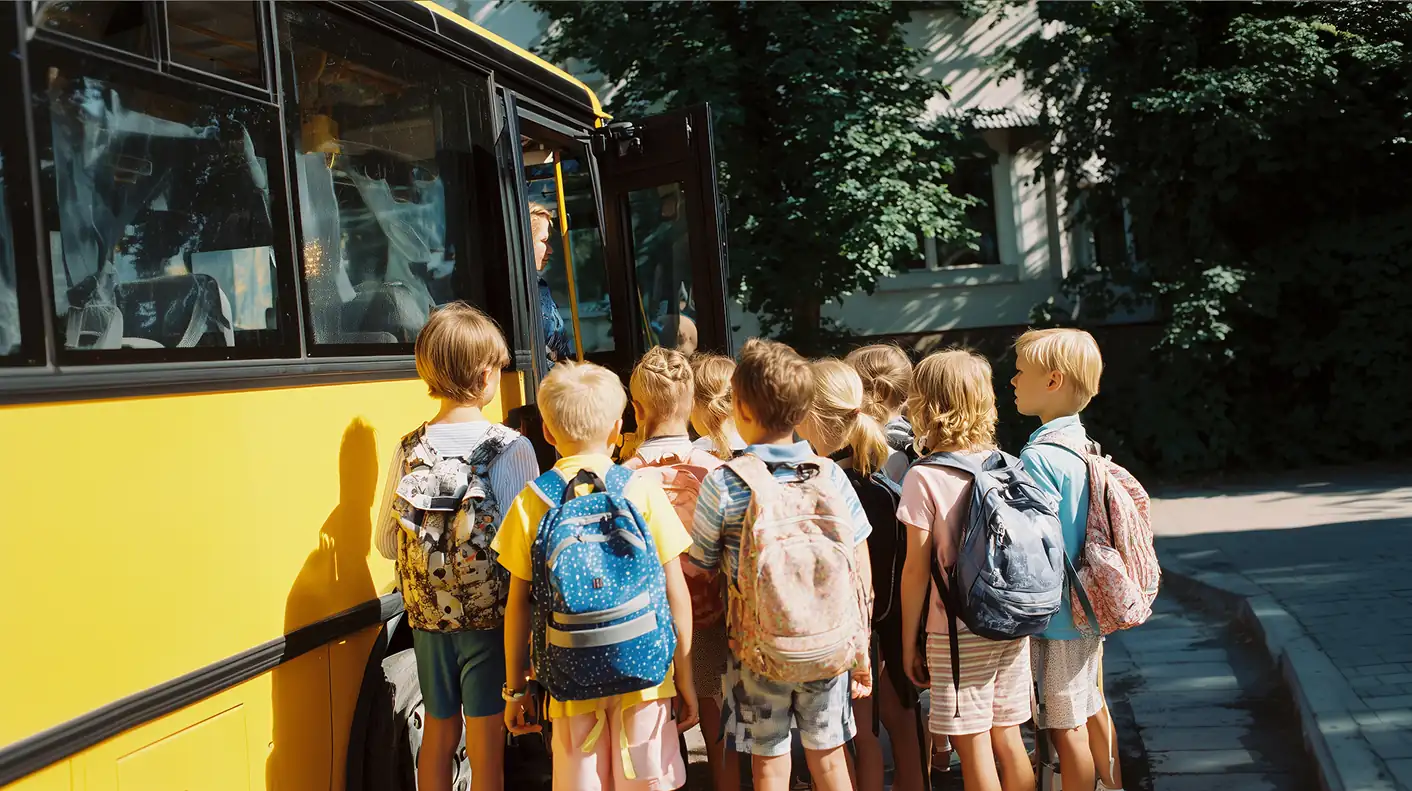 Діти з рюкзаками сідають у автобус перед поїздкою