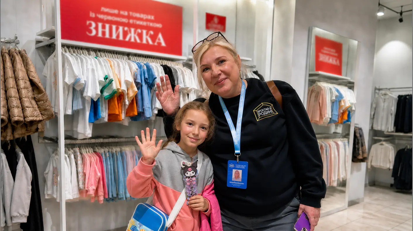 Дитина з координаторкою фонду під час вибору шкільних речей у магазині.