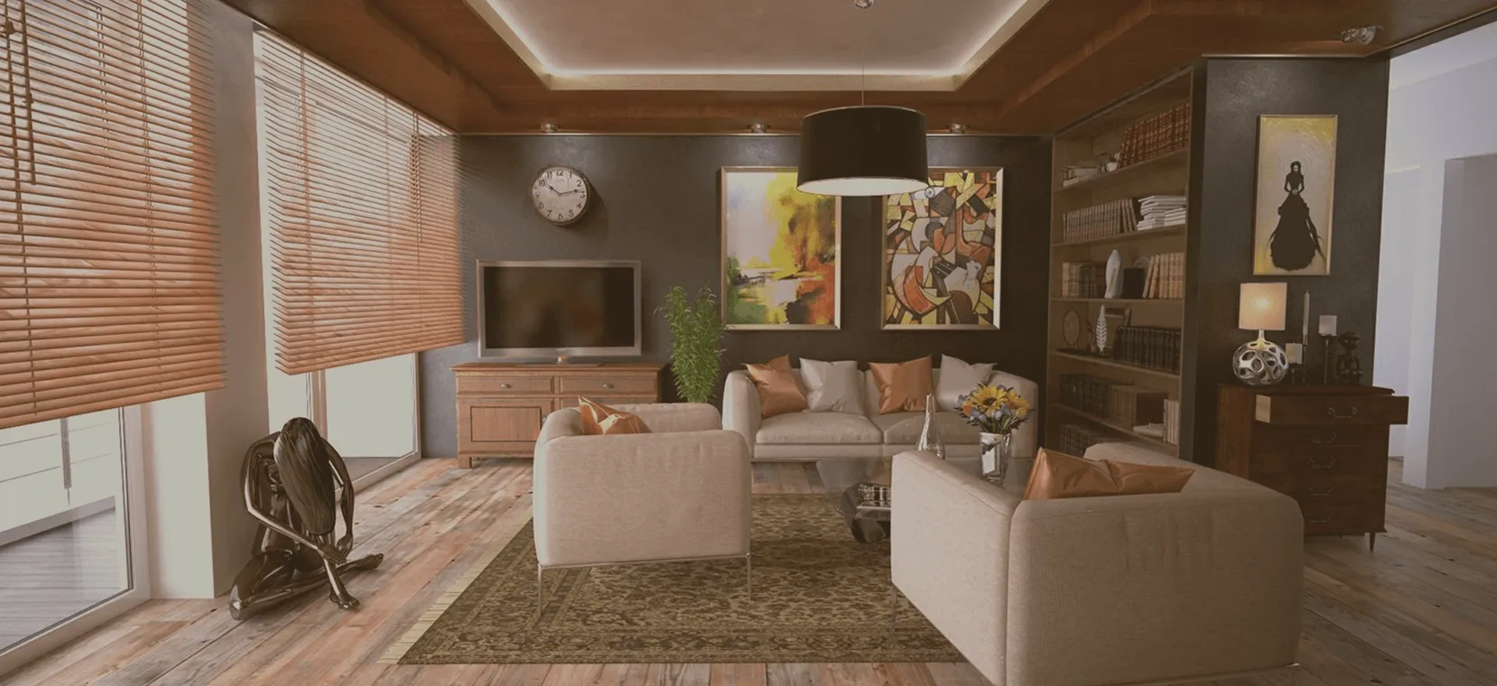 Modern living room with beige sofas, wooden floor, large windows with blinds, abstract paintings, bookshelf, and a black sculpture of a kneeling figure.