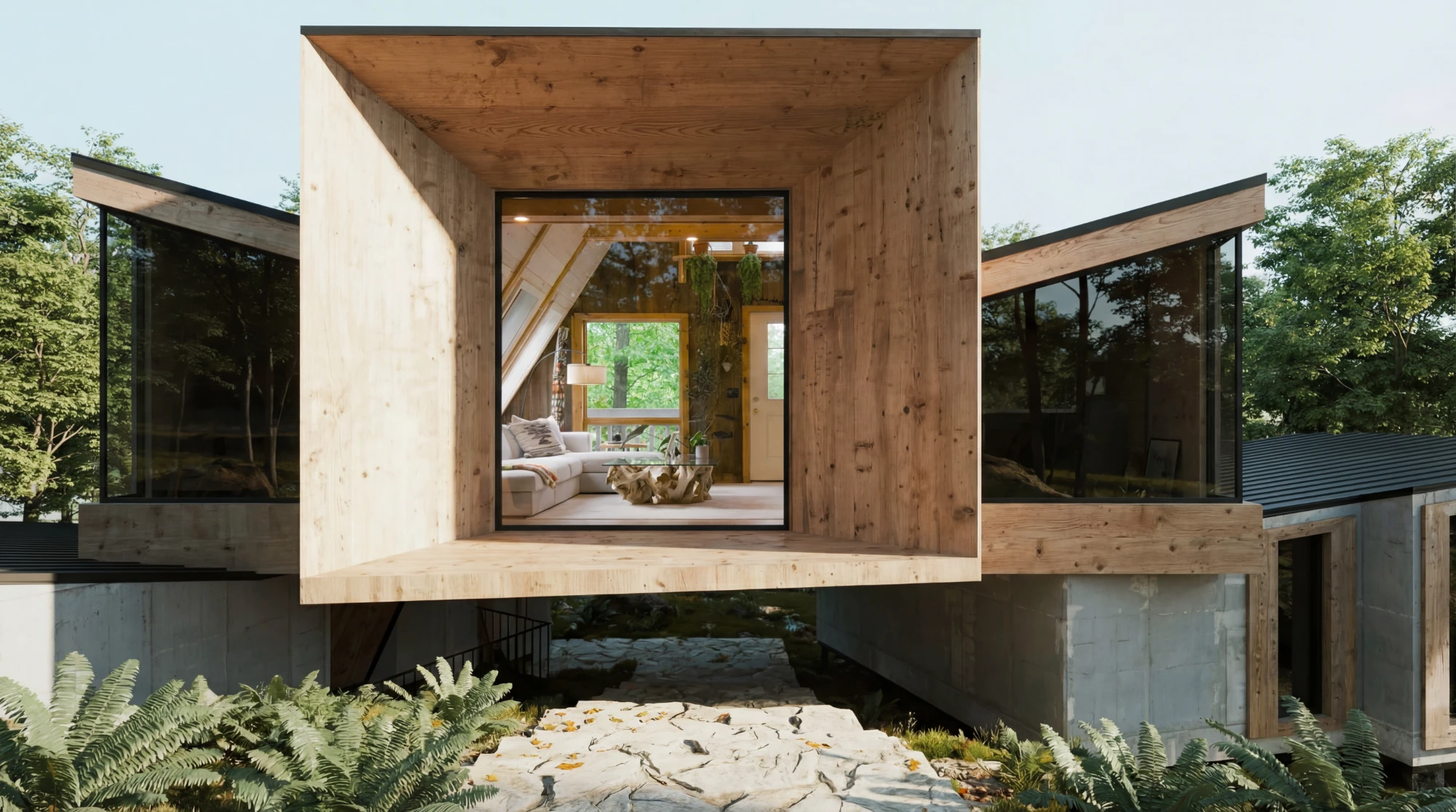 Modern house with large wooden box-shaped window overlooking a stone pathway and surrounded by green plants and trees.