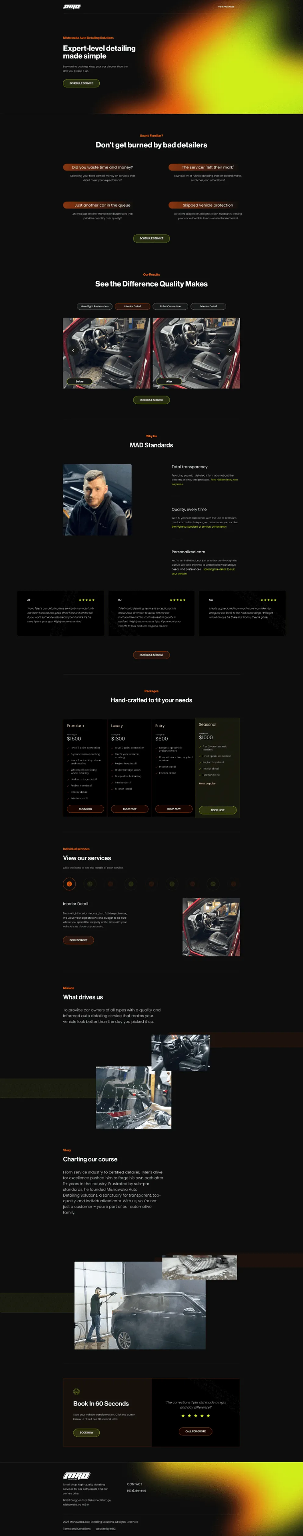Full page screenshot of Mishawaka Auto Detailing Solutions website designed and developed by Nearby Web Guys.