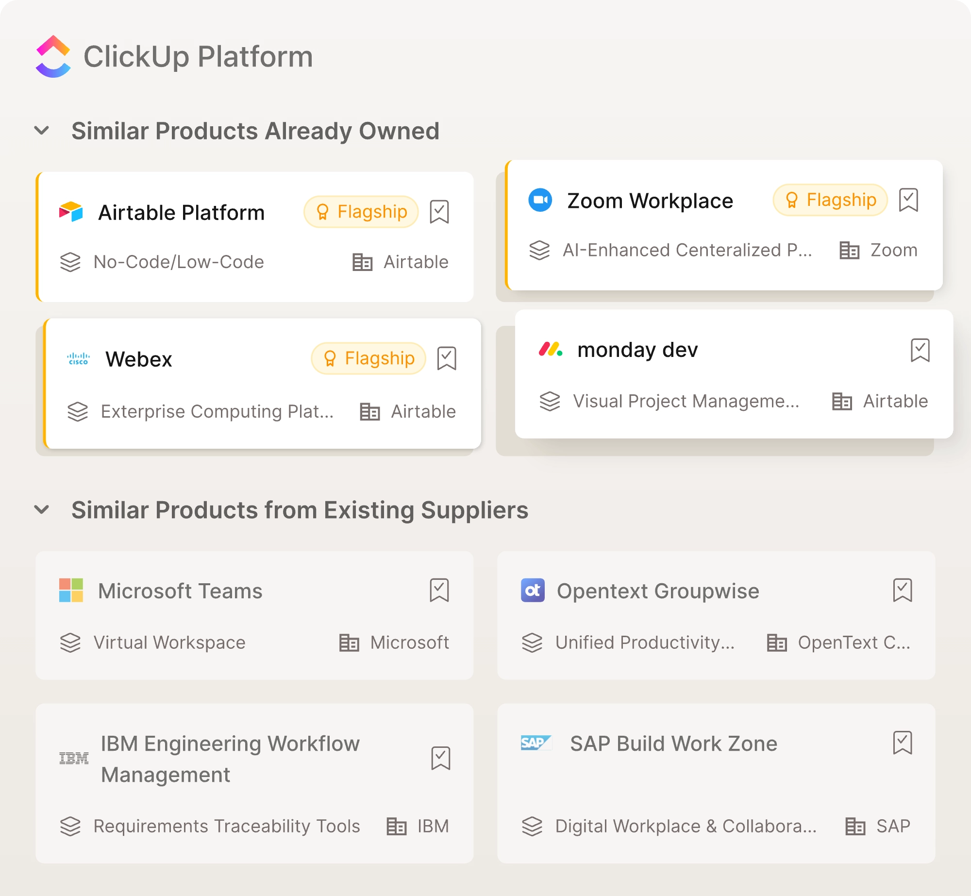 Interface showing two expandable sections titled Similar Products Already Owned and Similar Products from Existing Suppliers, listing various products with colored icons and status indicators.