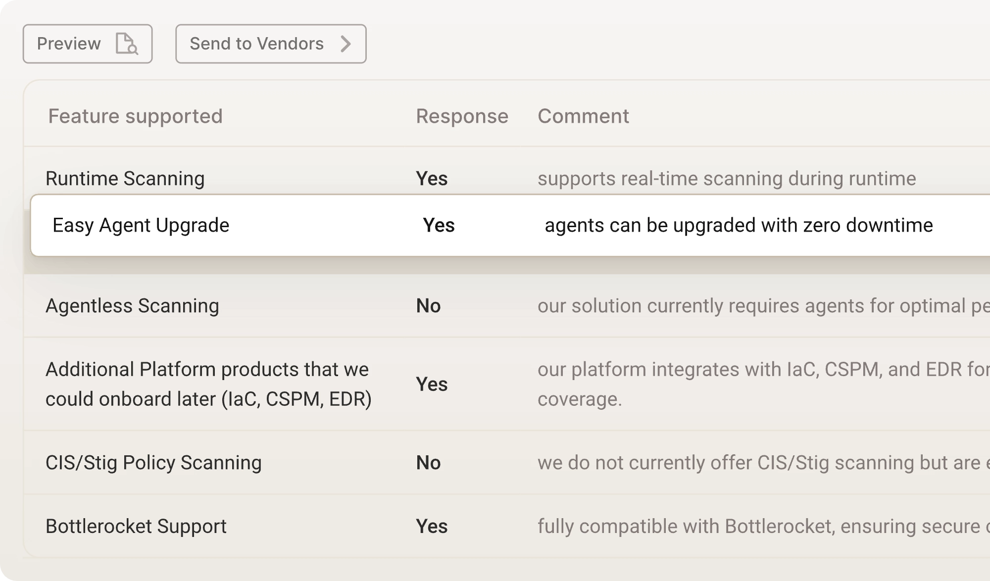 Table showing feature support with responses, including runtime scanning, easy agent upgrade, agentless scanning, additional platform product onboarding, CIS/Stig policy scanning, and Bottlerocket support.