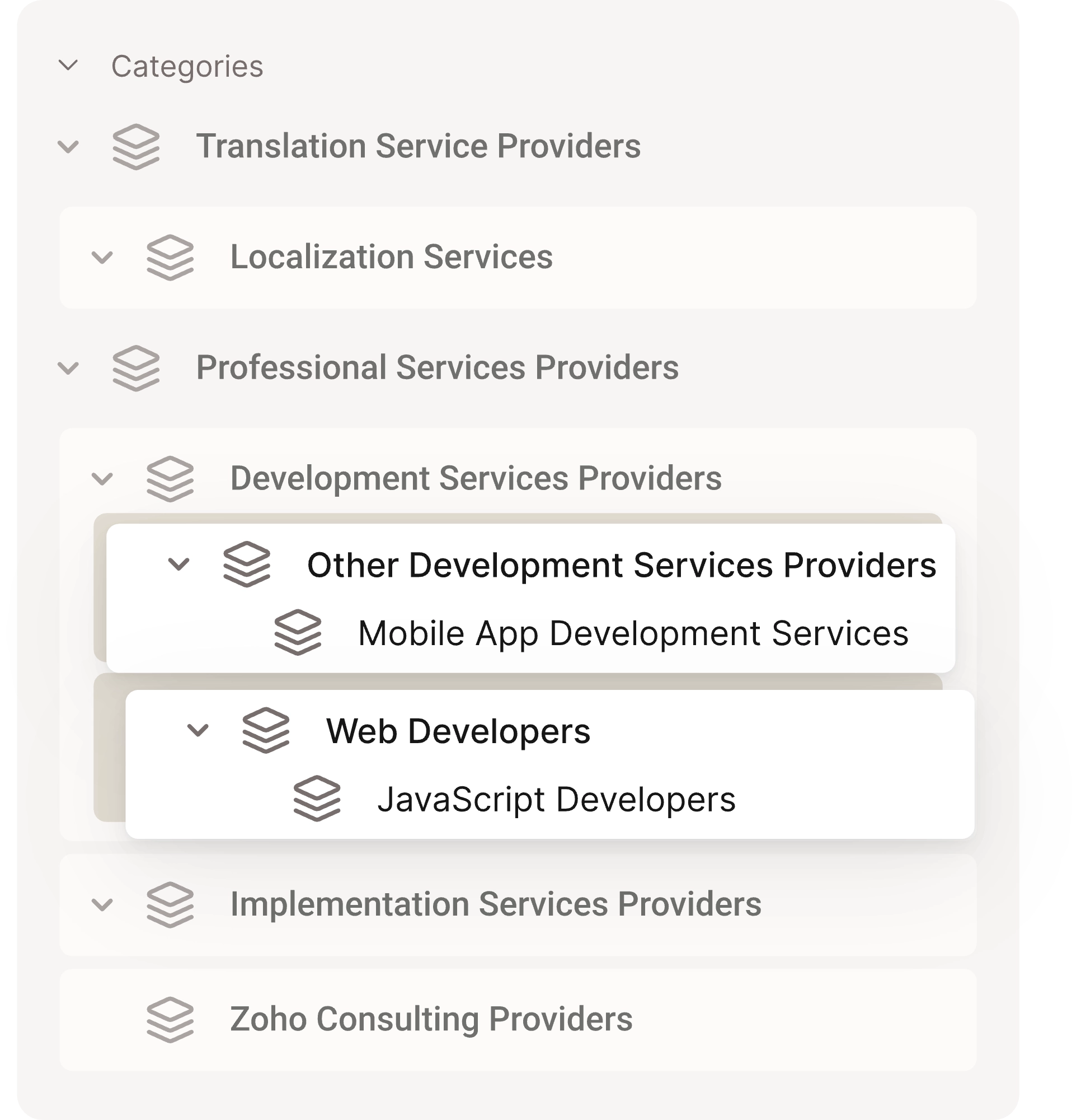 Expandable category menu showing Translation Service Providers including Localization Services, Professional Services Providers with Development Services Providers expanded to show Other Development Services Providers and Mobile App Development Services, and Web Developers expanded to show JavaScript Developers.
