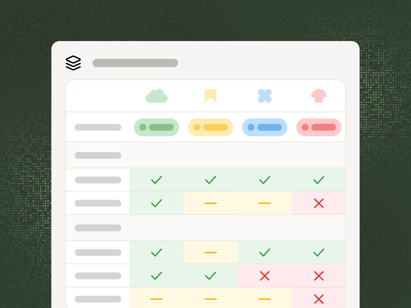 Color-coded comparison table with check marks, dashes, and X marks in green, yellow, blue, and red columns.