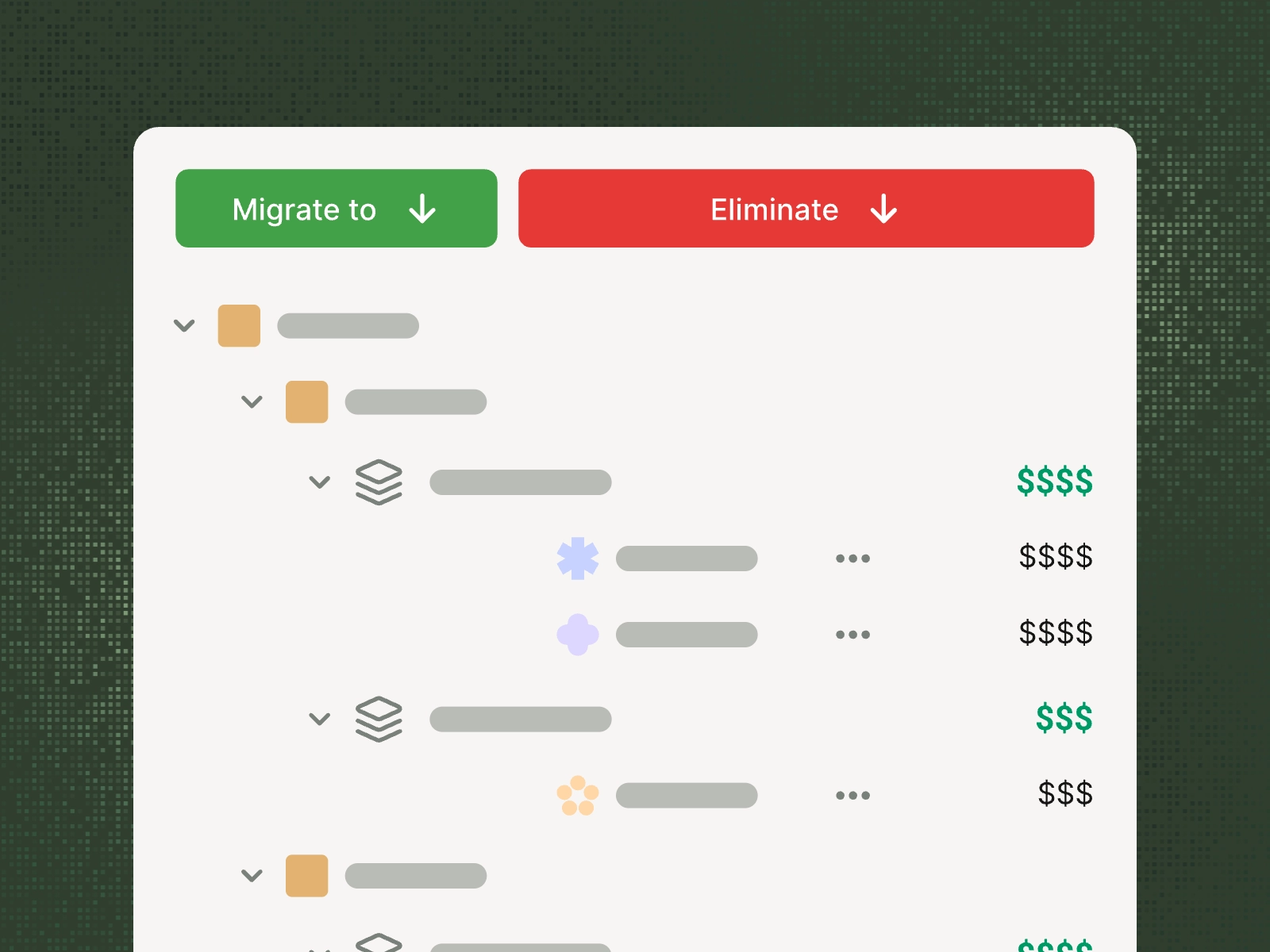 Vendor consolidation interface showing Salesforce categories with product names and associated costs, including Zendesk Sell priced at $365,000 with an option to eliminate supplier.