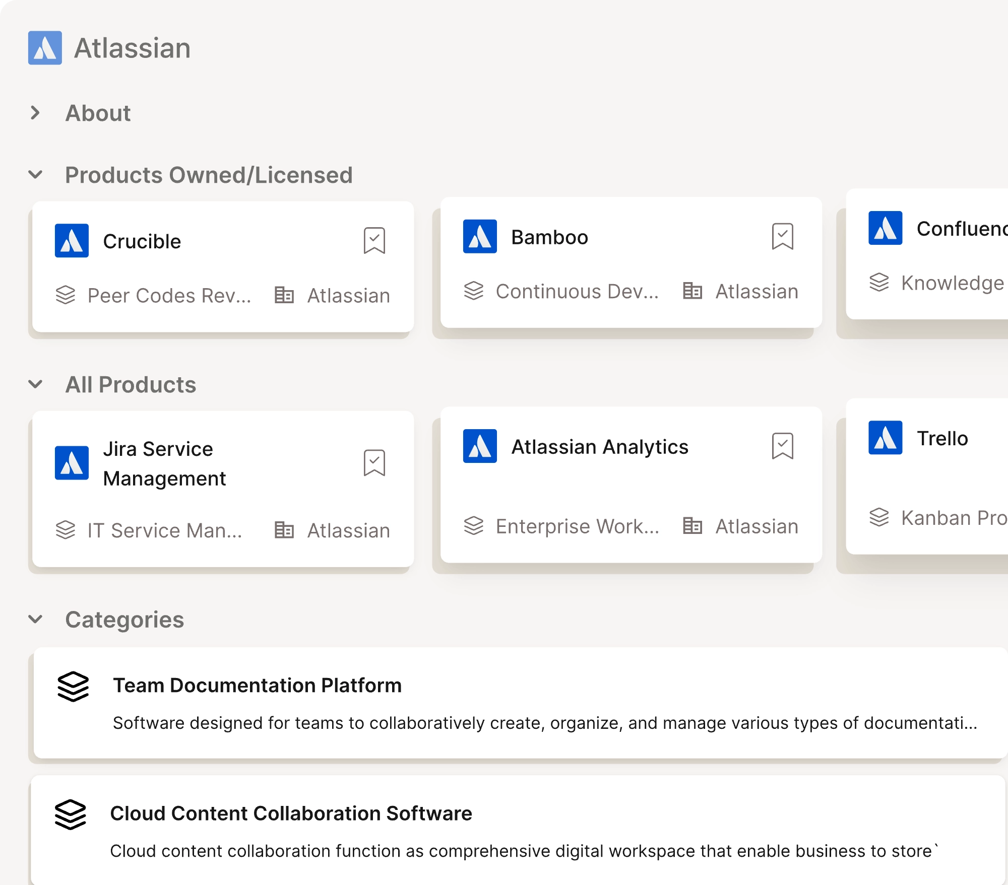 Atlassian product listing interface displaying owned products Crucible and Bamboo, all products including Jira Service Management and Atlassian Analytics, and categories such as Team Documentation Platform and Cloud Content Collaboration Software.