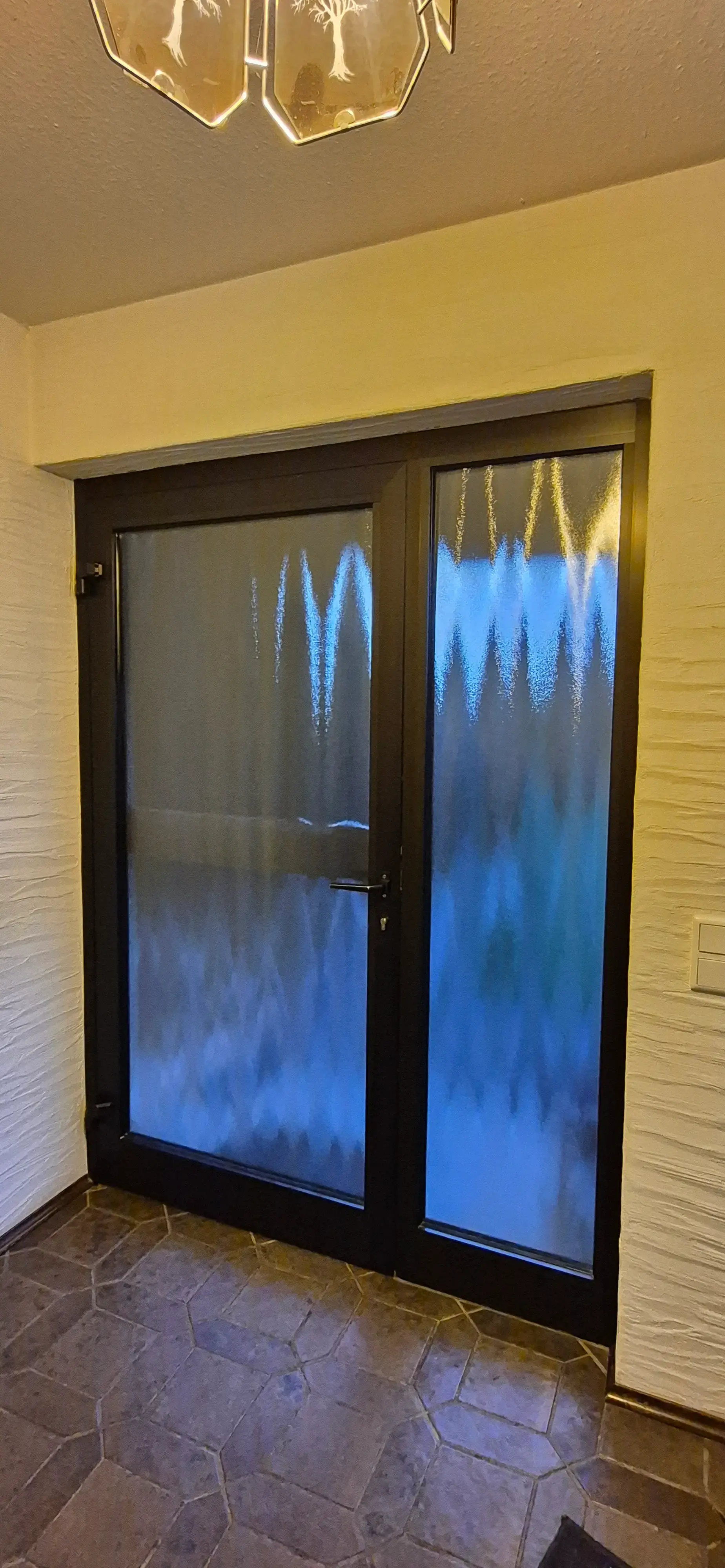 Alte Haustür mit Ornamentglas und Seitenteil vor dem Austausch in Viernheim