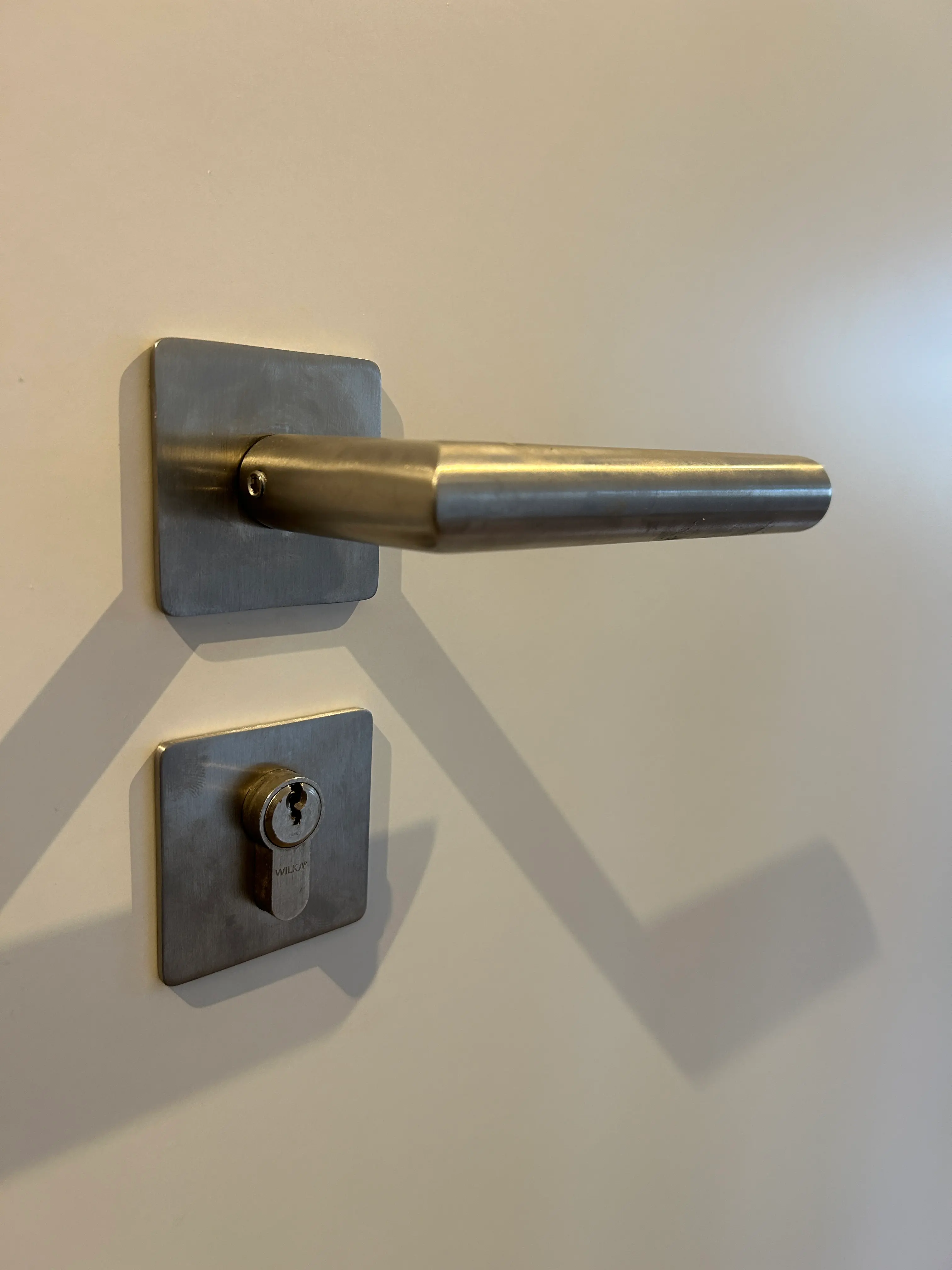 Edelstahl Türgriff und Profilzylinder an der Wohnungsabschlusstür im Detail