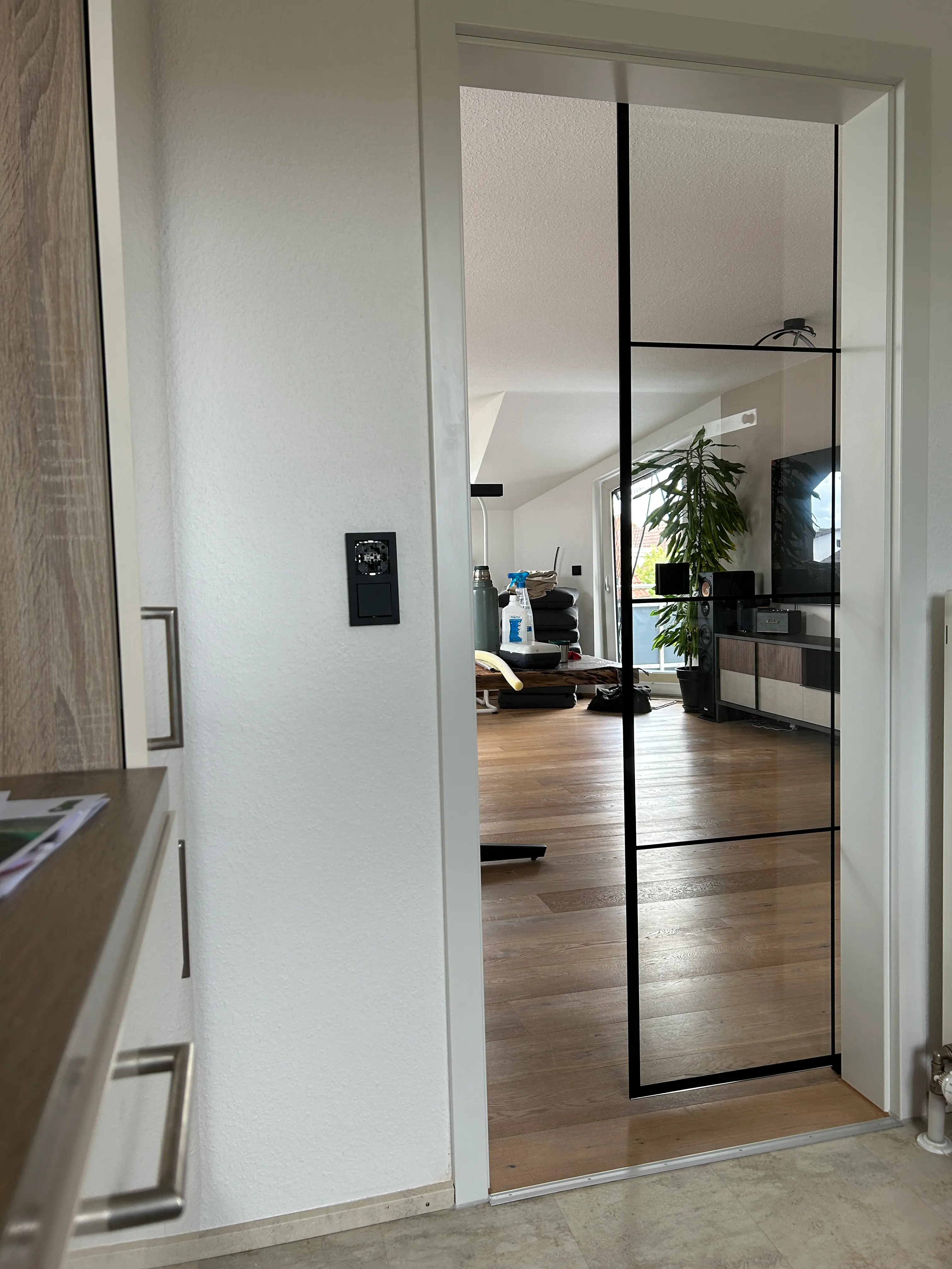 Transparente Loft-Glastür mit schwarzem Rahmendesign im Durchgang zum Wohnbereich in Heddesheim