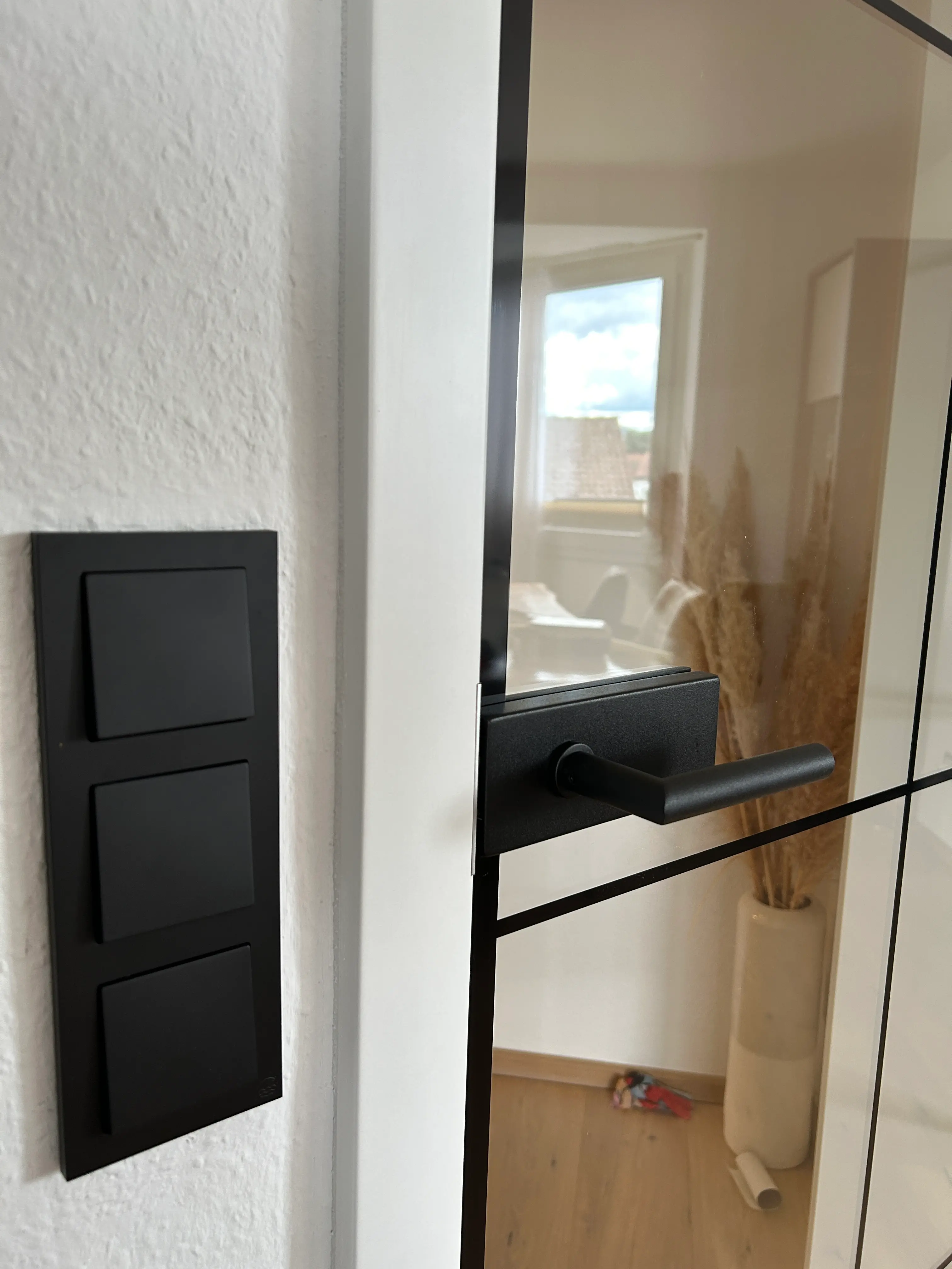 Mattschwarzer Türgriff an transparenter Loft-Glastür mit schwarzem Rahmendesign in Heddesheim
