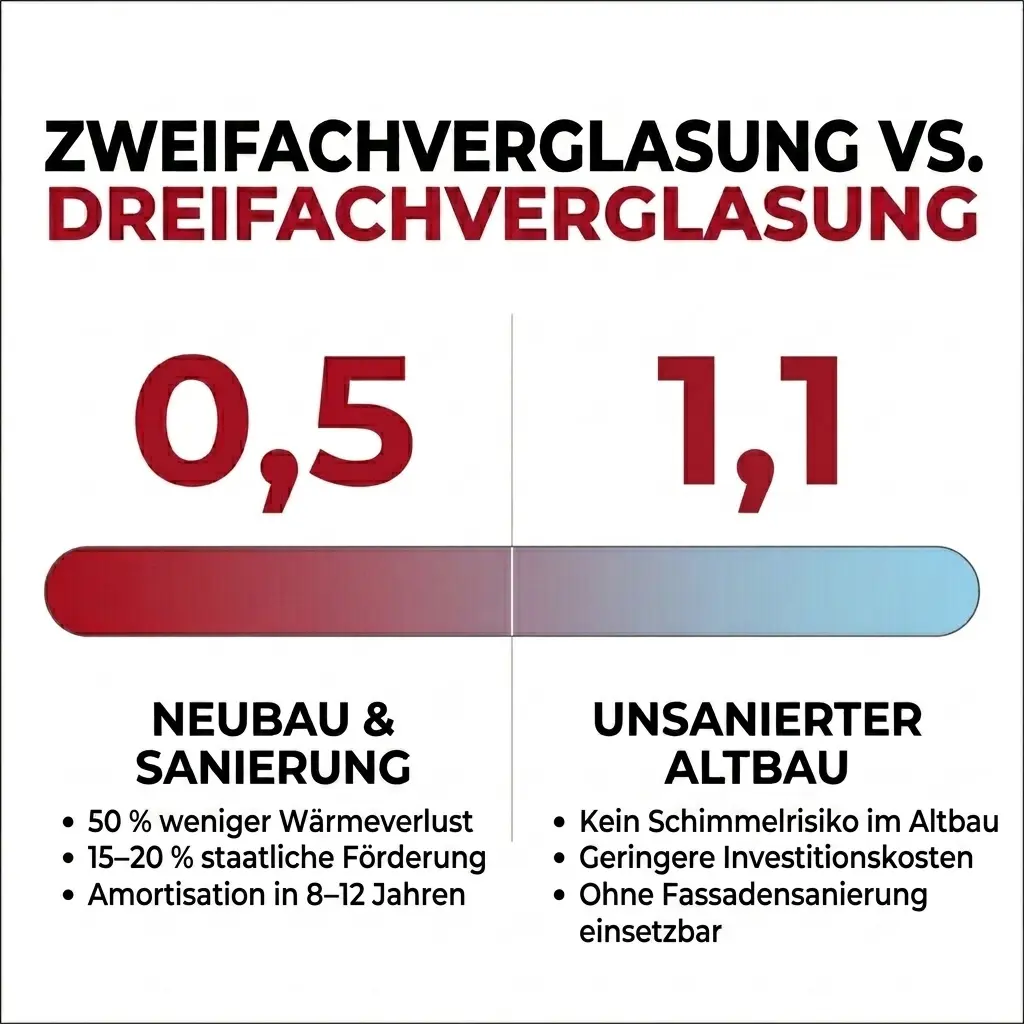 Zweifachverglasung vs. Dreifachverglasung: Vergleich der Wärmedämmung, U-Werte und Einsatzbereiche im Altbau, Neubau und bei energetischen Sanierungen.