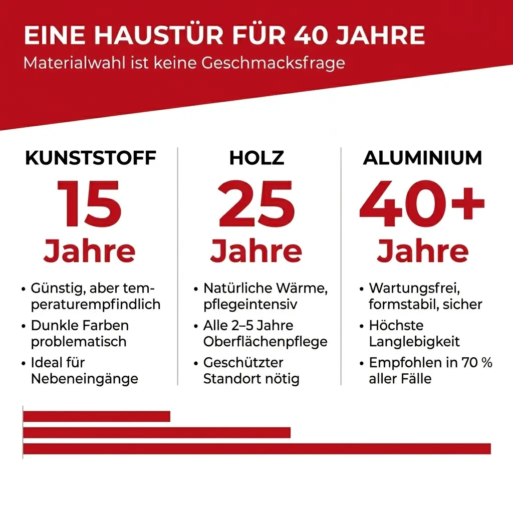 Vergleich von Haustüren aus Kunststoff, Holz und Aluminium hinsichtlich Lebensdauer, Wartungsaufwand und Einsatzbereich. Aluminium-Haustüren erreichen eine Lebensdauer von über 40 Jahren und bieten hohe Stabilität sowie Sicherheit.