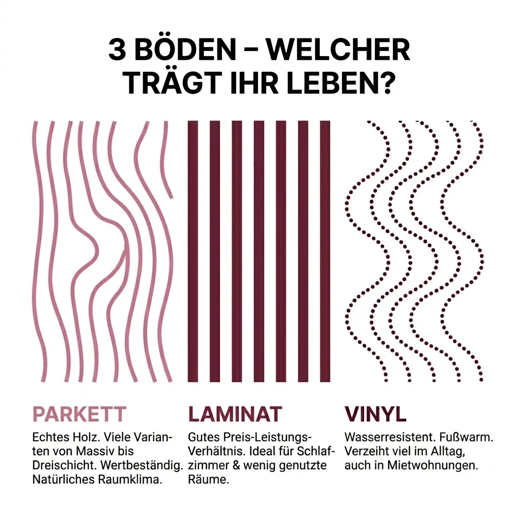 Vergleich von Parkett, Laminat und Vinylboden hinsichtlich Material, Wohnkomfort, Strapazierfähigkeit und Einsatzbereich. Übersicht zur Auswahl des passenden Bodenbelags für unterschiedliche Wohnsituationen