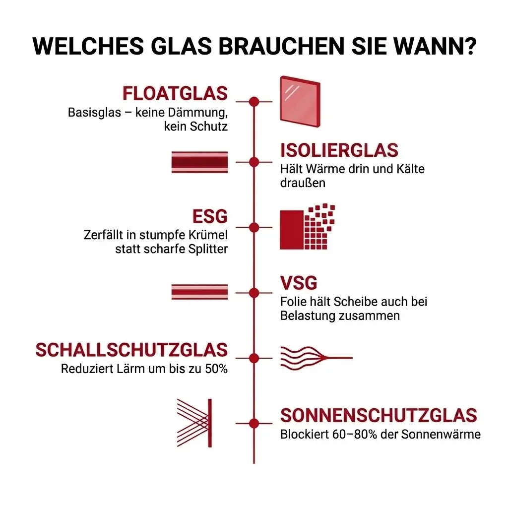 Übersicht verschiedener Glasarten für Fenster und Türen: Floatglas, Isolierglas, ESG-Sicherheitsglas, VSG-Verbundsicherheitsglas, Schallschutzglas und Sonnenschutzglas mit ihren jeweiligen Eigenschaften und Einsatzbereichen.