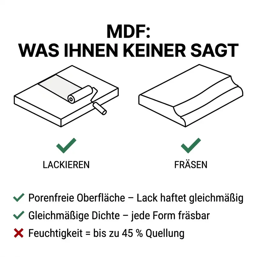 MDF eignet sich ideal für lackierte Möbel und gefräste Elemente, ist jedoch empfindlich gegenüber Feuchtigkeit und daher nicht für jeden Einsatzbereich geeignet.