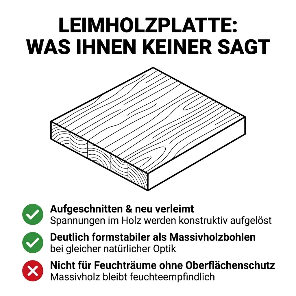 Infografik einer Leimholzplatte aus verleimten Massivholzlamellen. Die Grafik zeigt die Vorteile einer hohen Formstabilität sowie den Hinweis, dass Leimholz ohne Oberflächenschutz nicht für Feuchträume geeignet ist.
