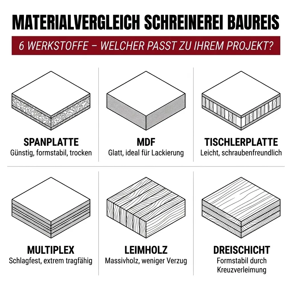 Infografik zum Vergleich von sechs Plattenwerkstoffen im Möbelbau. Gegenübergestellt werden Spanplatte, MDF, Tischlerplatte, Multiplex, Leimholz und Dreischichtplatte mit ihren wichtigsten Eigenschaften und Einsatzbereichen.