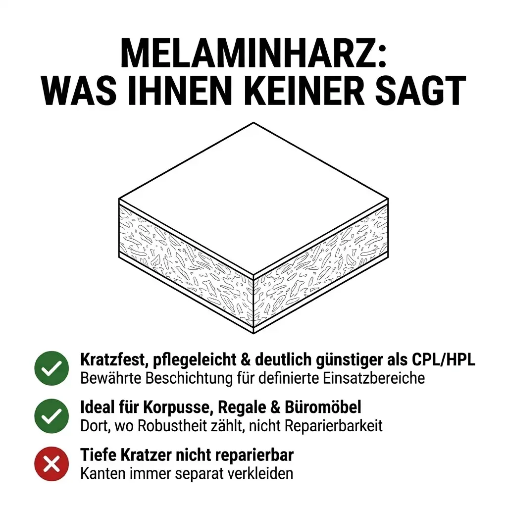 Infografik zu Melaminharz als Möbeloberfläche. Dargestellt werden die Vorteile einer kratzfesten und pflegeleichten Beschichtung sowie typische Einsatzbereiche wie Schrankkorpusse, Regale und Büromöbel. Zudem weist die Grafik darauf hin, dass tiefe Kratzer