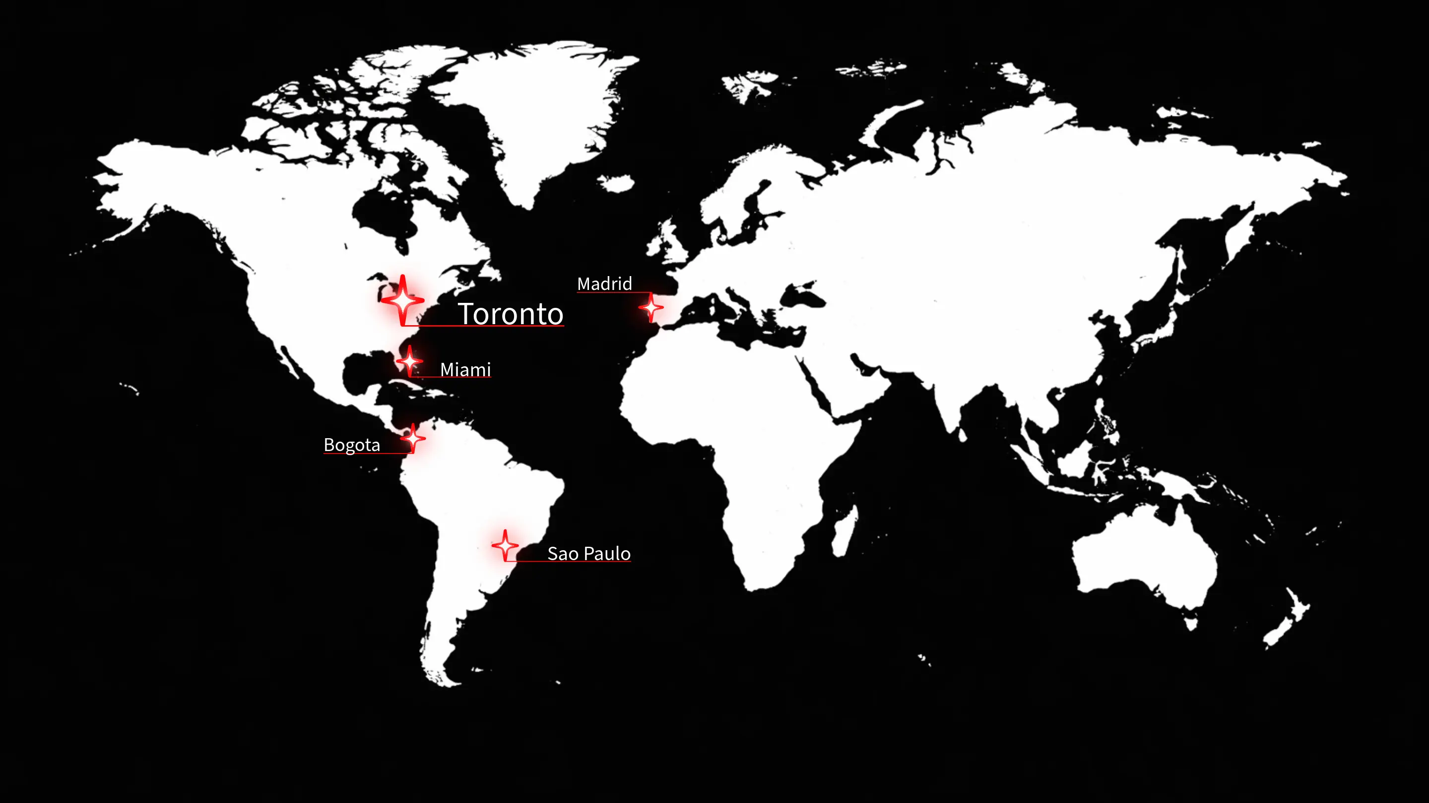 World map highlighting office locations with red markers in Toronto, Miami, Bogota, Sao Paulo, and Madrid.
