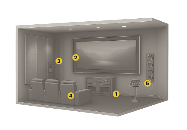 3D render of a home theatre setup with large display, surround speakers and smart control system.
