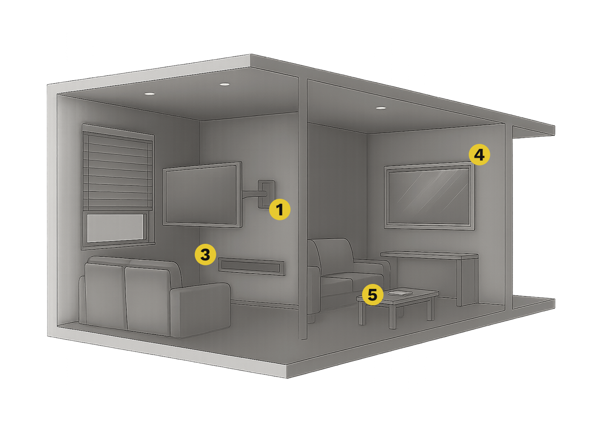 3D cutaway illustration showing wall-mounted TV, concealed cabling, and integrated audio zones.