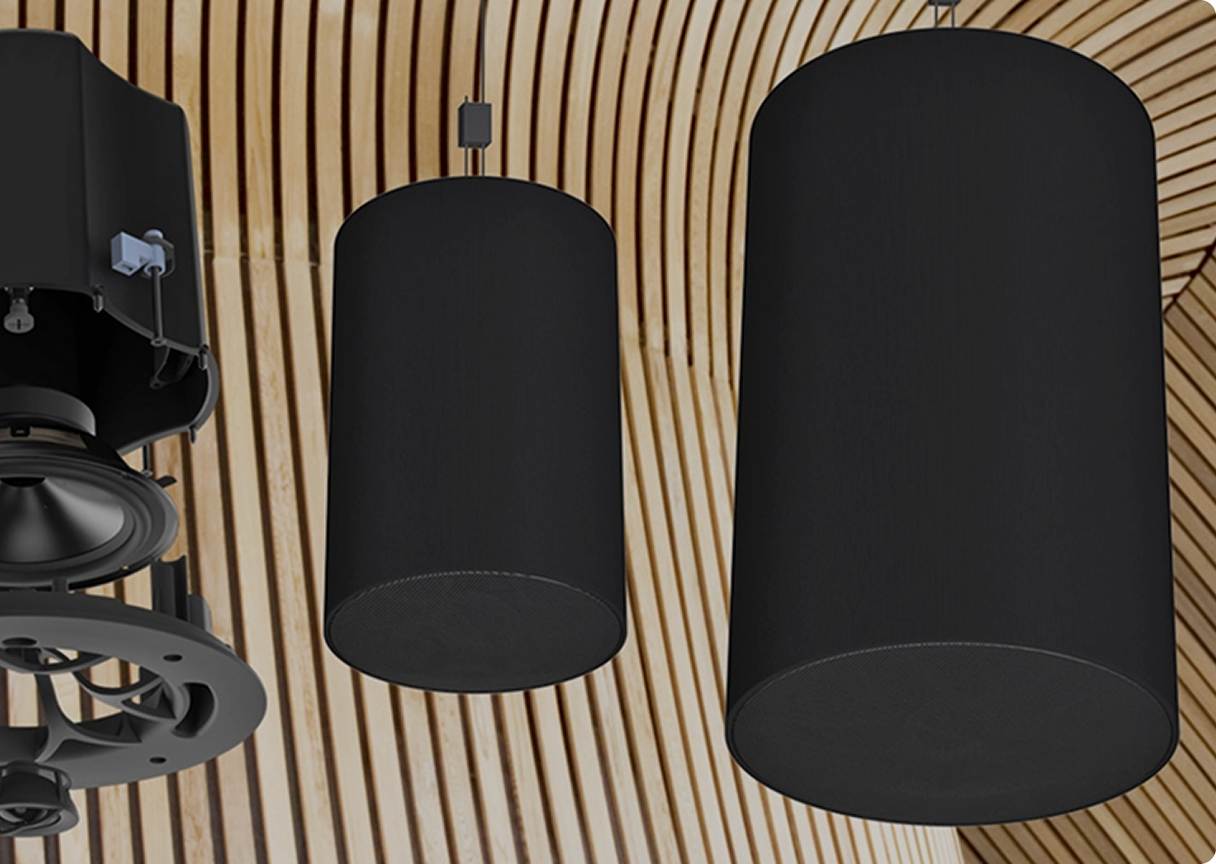 Professional black ceiling speakers mounted in a timber acoustic ceiling panel.