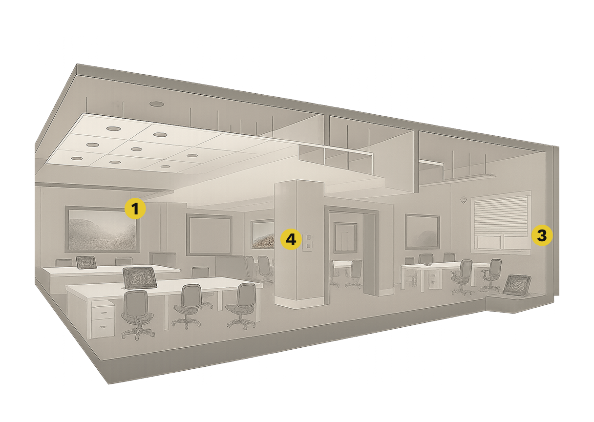 3D office cutaway showing distributed speakers, displays, and control zones for a commercial AV system.