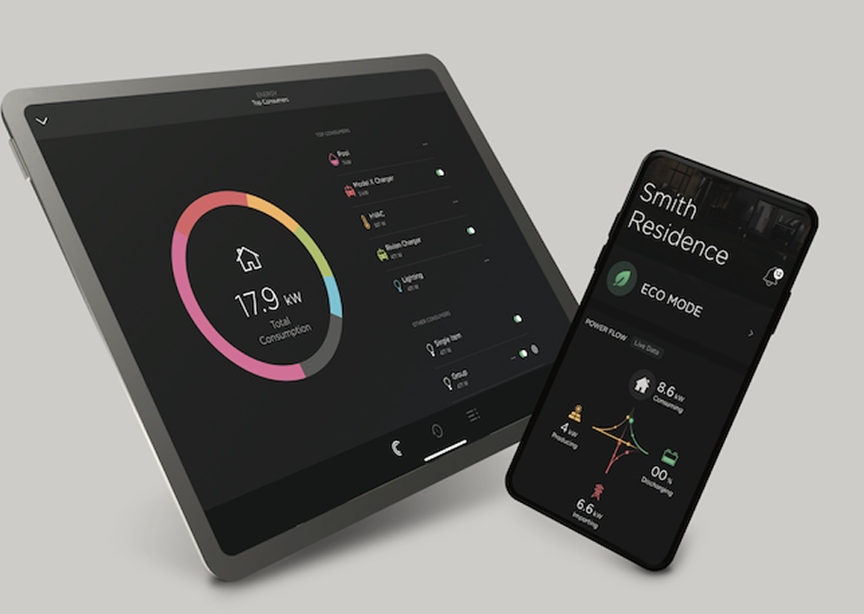 Tablet and mobile devices displaying smart home system dashboards with energy and lighting controls.