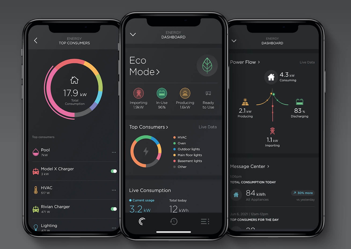Smartphone screens showing energy-efficiency dashboards and smart-home climate statistics.