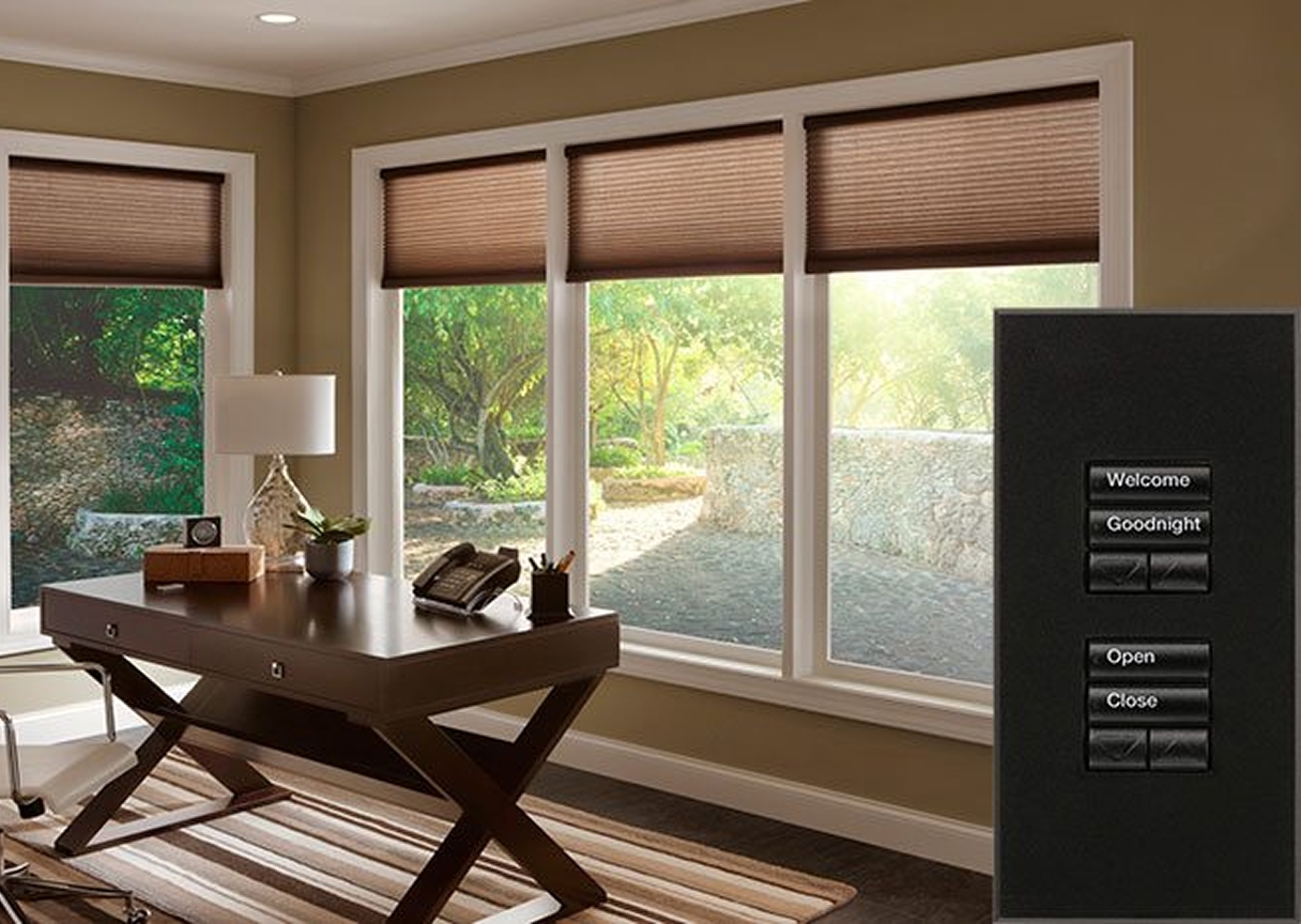 Modern living room with automated blinds and smart wall control panel for daylight tracking.