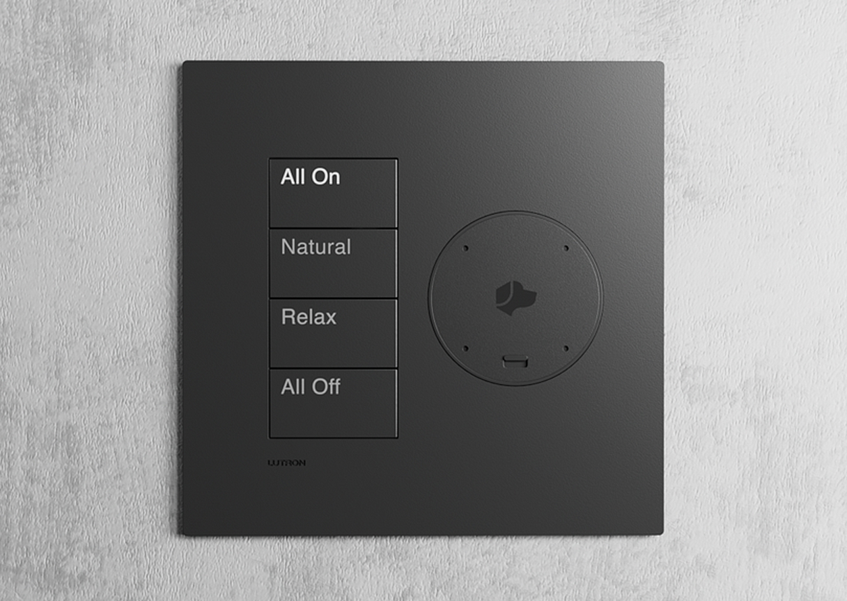 Black smart lighting control keypad with programmable scene buttons for relaxed and natural light settings.