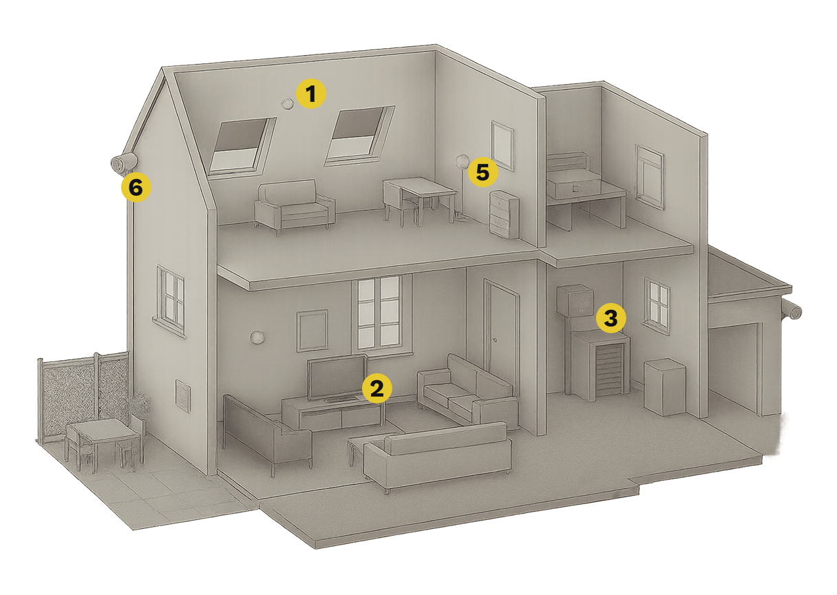 3D diagram illustrating whole-home Wi-Fi coverage and Ethernet backbone layout by TR Electronics.