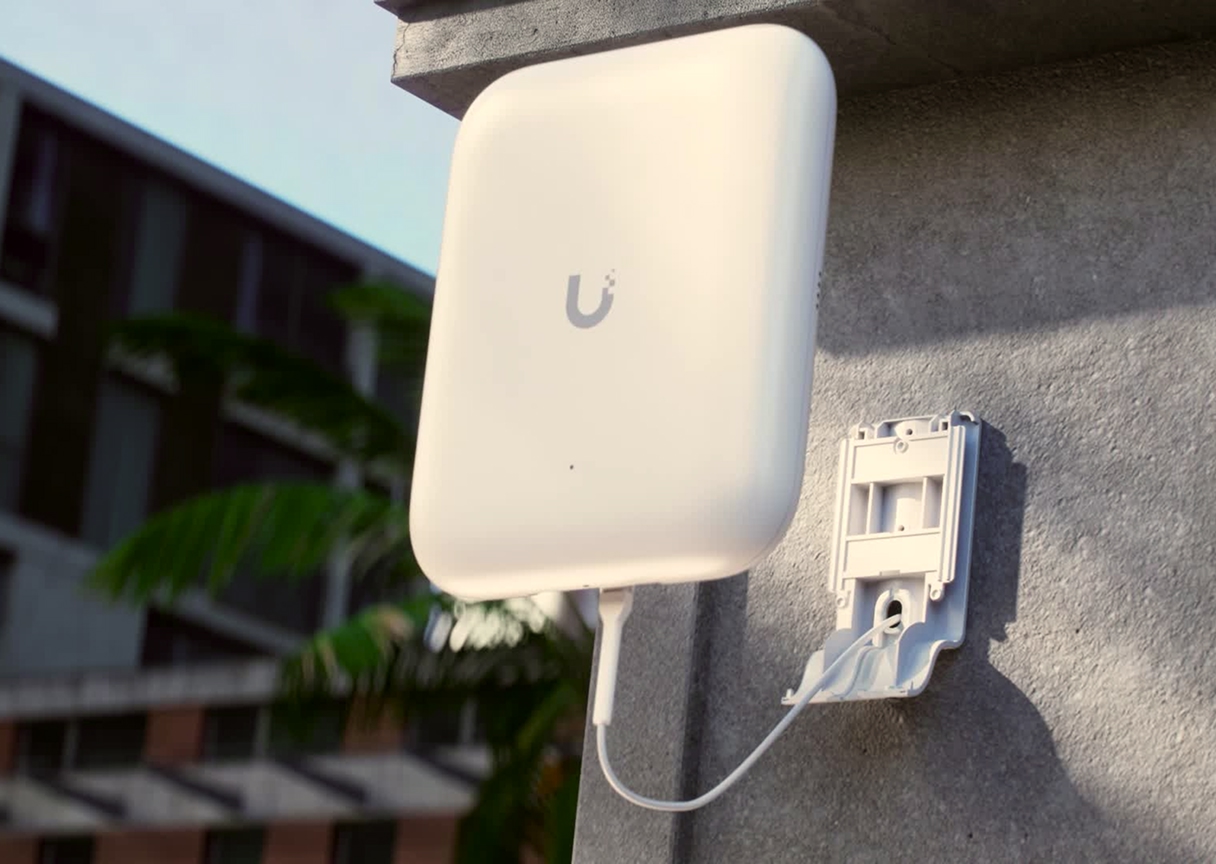 Outdoor wireless access point installed by TR Electronics to extend Wi-Fi coverage to gardens and outdoor areas.